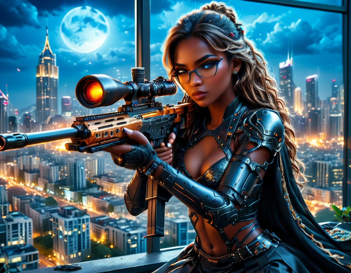 a portrait picture of a 1single woman sniper, standing in a window aiming a sniper rifle, an exotic beautiful woman sniper, dynamic hair color, braided hair, (black skin: 1.3), intense blue eyes, wearing intricate glasses ultra detailed face, wearing intricate evening dress, elegant dress, dynamic color, dynamic style, wearing elegant stiletto heels , behind a window in a tall building at nigh, aiming a Light Sniper Rifle , cyberpunk city background, its night time, moon rays, some clouds,  (full body shot: 1.1) , vibrant, Ultra-high resolution, High Contrast, (masterpiece:1.5), highest quality, Best aesthetics), best details, best quality, highres, ultra wide angle, 16k, [ultra detailed], masterpiece, best quality, (extremely detailed) Sniper Rifle, Intense gaze
