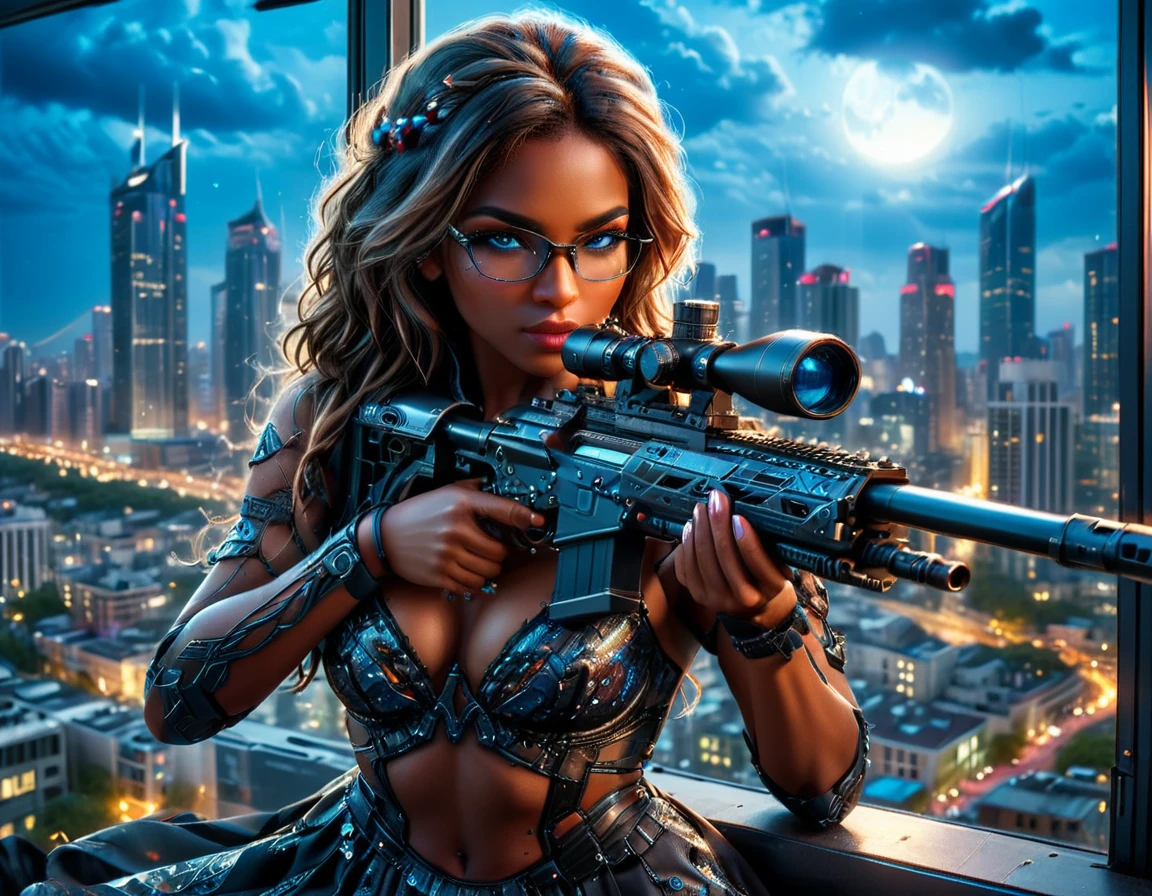 a portrait picture of a 1single woman sniper, standing in a window aiming a sniper rifle, an exotic beautiful woman sniper, dynamic hair color, braided hair, (black skin: 1.3), intense blue eyes, wearing intricate glasses ultra detailed face, wearing intricate evening dress, elegant dress, dynamic color, dynamic style, wearing elegant stiletto heels , behind a window in a tall building at nigh, aiming a Light Sniper Rifle , cyberpunk city background, its night time, moon rays, some clouds,  (full body shot: 1.1) , vibrant, Ultra-high resolution, High Contrast, (masterpiece:1.5), highest quality, Best aesthetics), best details, best quality, highres, ultra wide angle, 16k, [ultra detailed], masterpiece, best quality, (extremely detailed) Sniper Rifle, Intense gaze
