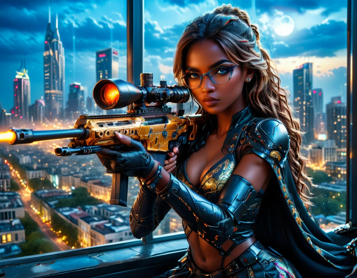 a portrait picture of a 1single woman sniper, standing in a window aiming a sniper rifle, an exotic beautiful woman sniper, dynamic hair color, braided hair, (black skin: 1.3), intense blue eyes, wearing intricate glasses ultra detailed face, wearing intricate evening dress, elegant dress, dynamic color, dynamic style, wearing elegant stiletto heels , behind a window in a tall building at nigh, aiming a Light Sniper Rifle , cyberpunk city background, its night time, moon rays, some clouds,  (full body shot: 1.1) , vibrant, Ultra-high resolution, High Contrast, (masterpiece:1.5), highest quality, Best aesthetics), best details, best quality, highres, ultra wide angle, 16k, [ultra detailed], masterpiece, best quality, (extremely detailed) Sniper Rifle, Intense gaze
