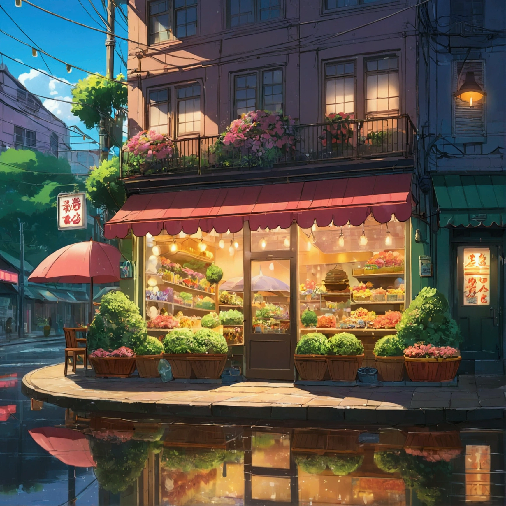 City flower shop, potted plant, flower, Rainy Night,Water reflection puddle,Oriental design, chandelier , number, Sunset,Finish,Concept Art, illustration, complex, A lot of people, chandelier, Happy, Beautiful colored lights, flower, plant ((Tilset)) Anime-Urban Street Style Scene, A woman waiting in front of a store, Anime Background Art, Detailed Landscape - Width 672, Anime Landscape Concept Art, Anime style cityscape, Studio Ghibli animation style, Studio Ghibli art style, Studio Ghibli Project, Anime Landscape, Studio Ghibli art style, Landscape Artwork, Beautiful Anime Landscape, Forest City Street, Ghibli art style, Cake Shop, Cake Shop, bakery Cake Shop, Shinkai Makoto style, Shinkai Makoto Animation, Makoto Shinkai's art style