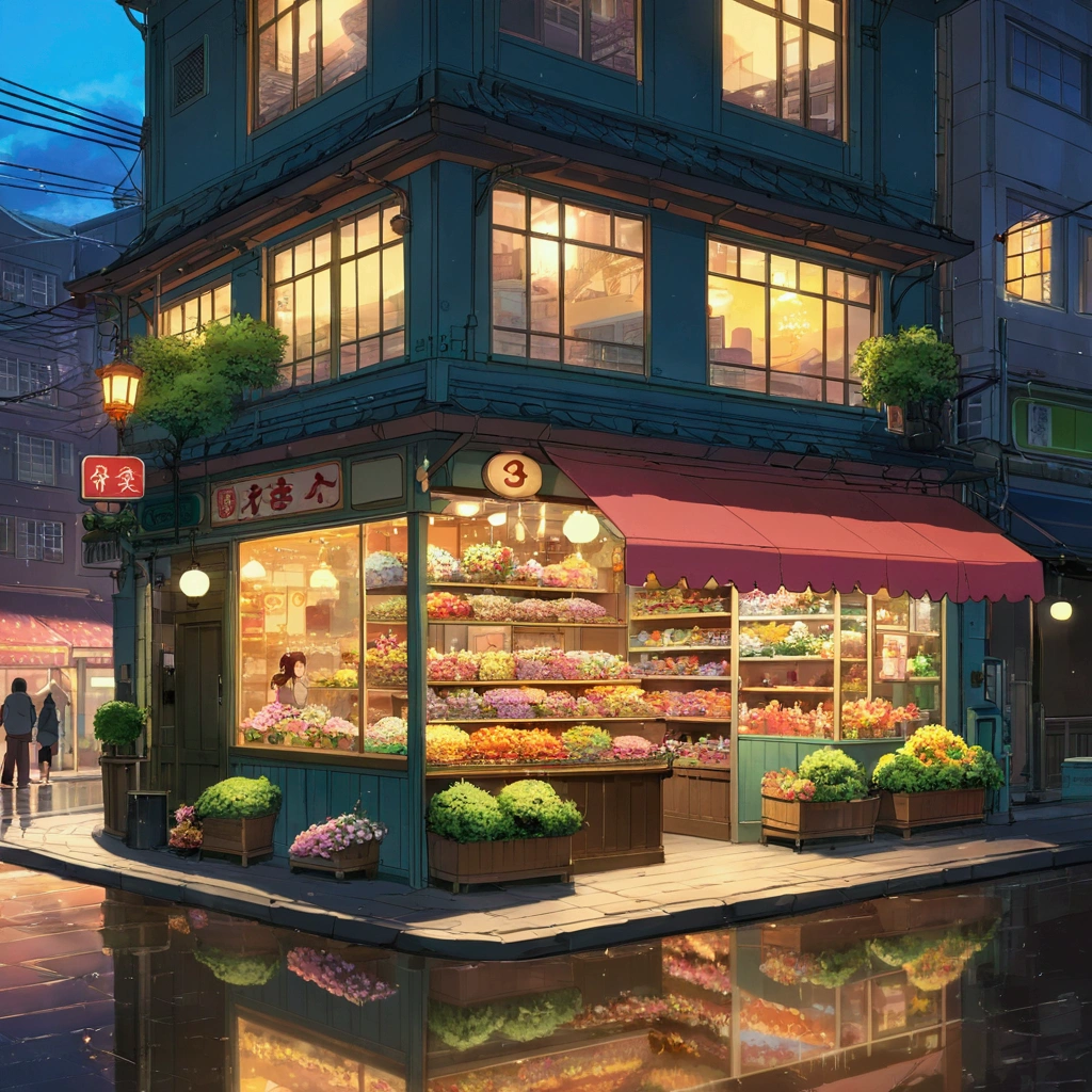 City flower shop, potted plant, flower, Rainy Night,Water reflection puddle,Oriental design, chandelier , number, Sunset,Finish,Concept Art, illustration, complex, A lot of people, chandelier, Happy, Beautiful colored lights, flower, plant ((Tilset)) Anime-Urban Street Style Scene, A woman waiting in front of a store, Anime Background Art, Detailed Landscape - Width 672, Anime Landscape Concept Art, Anime style cityscape, Studio Ghibli animation style, Studio Ghibli art style, Studio Ghibli Project, Anime Landscape, Studio Ghibli art style, Landscape Artwork, Beautiful Anime Landscape, Forest City Street, Ghibli art style, Cake Shop, Cake Shop, bakery Cake Shop, Shinkai Makoto style, Shinkai Makoto Animation, Makoto Shinkai's art style