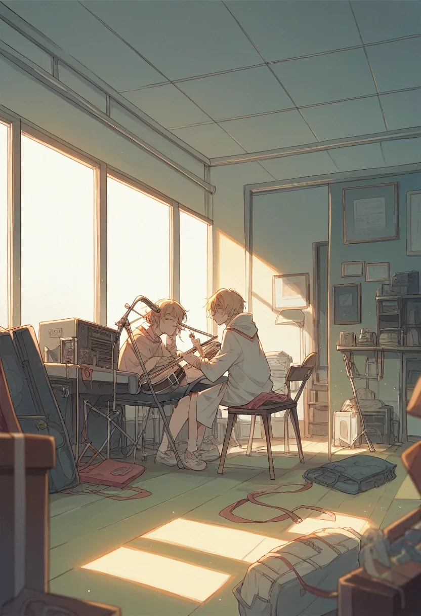 clarinet, room, trombone, SAX TENOR, 2 Alto Sax, in a low field with a light breeze at sunset