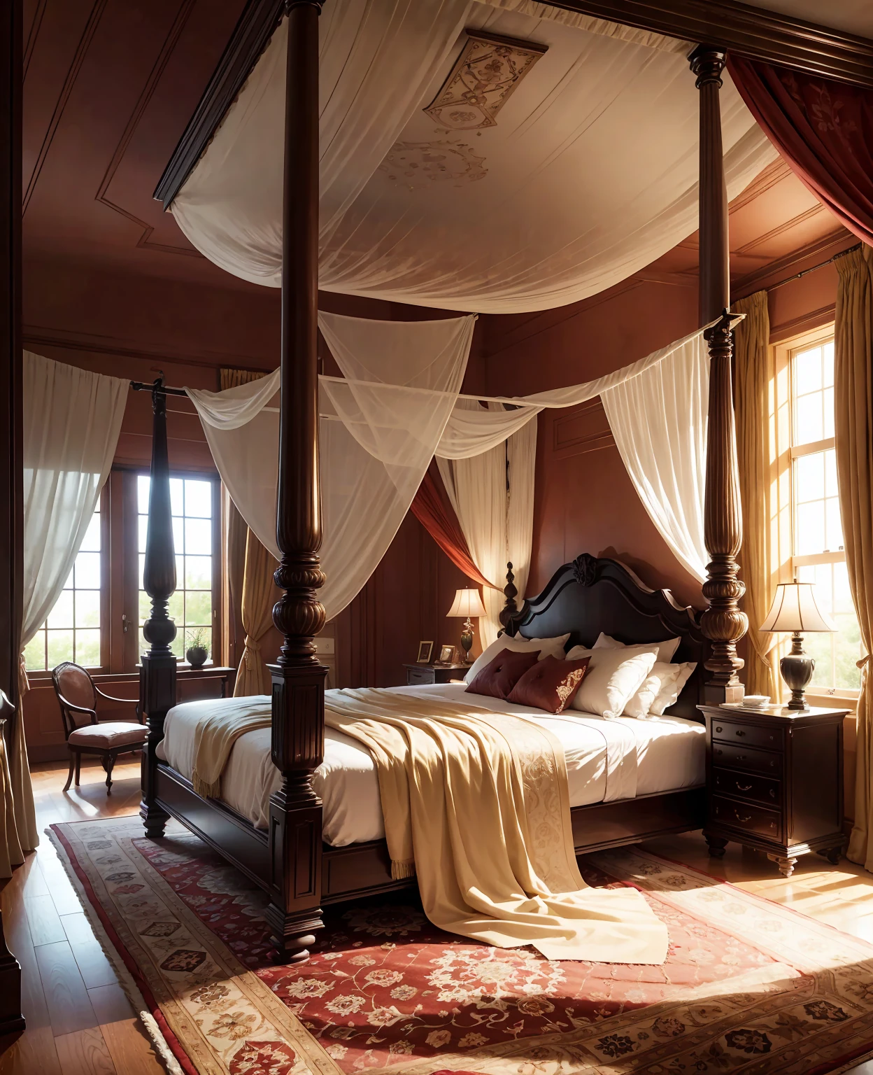A large four-poster bed, decorated with expensive furniture and curtains. A soft, luxurious rug, a large fireplace and a portrait of a beautiful woman.