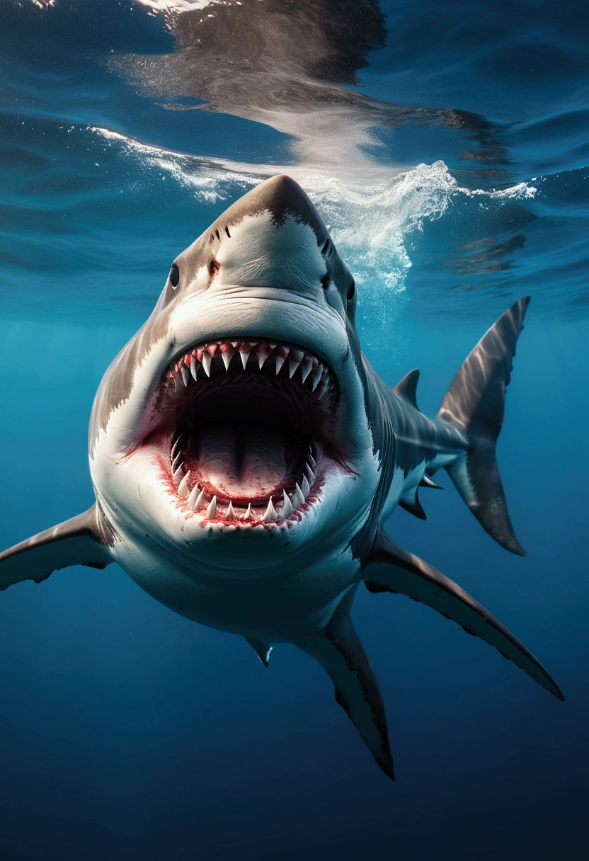 Intricate and realistic 4k killer shark, swimming aggressively in the ocean."