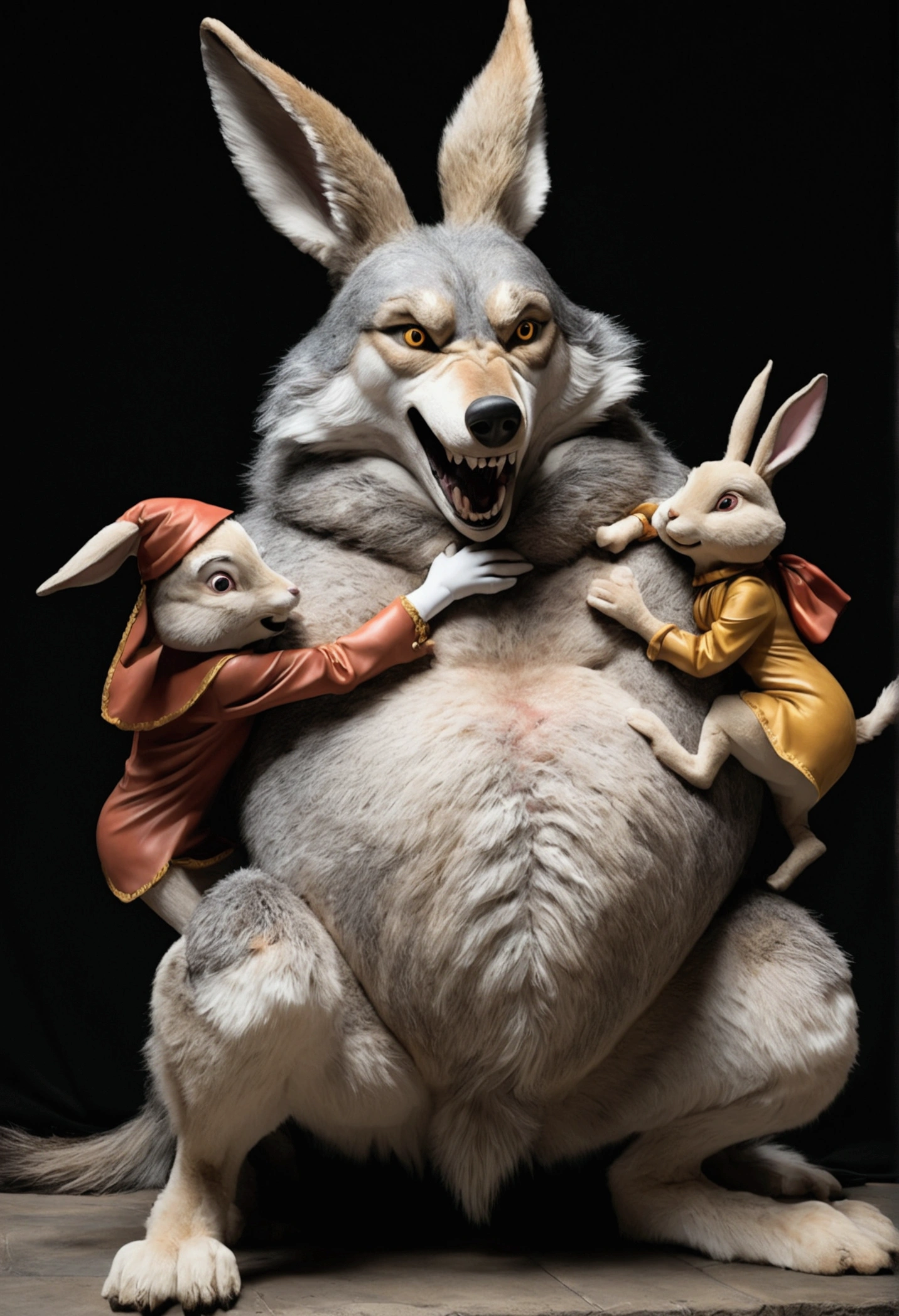 (((1 male anthropomorphic wolf))). (((Crowd of anthropomorphic female rabbits dressed as scary witches))).  (((No humans))). (((Many female anthropomorphic rabbits are tickling a lone male anthropomorphic wolf's belly))). The anthropomorphic wolf is lying flat on his back spread eagle. They dance next to the large and bloated belly of a shocked anthropomorphic wolf who is restrained to the ground. photo realistic style. dark medieval dungeon. (((The anthropomorphic rabbits try to touch the anthropomorphic wolf's extremely large erect penis and extremely large testicles located on the anthropomorphic wolf))). side view. Full body shot of anthropomorphic wolf. Male anthropomorphic wolf has large soft pot belly. Anthropomorphic wolf belly focus view. Correct anatomy. NSFW. (((Only the anthropomorphic male wolf is nude))), everyone else wears female clothes. Sexual acts. Lewd acts.