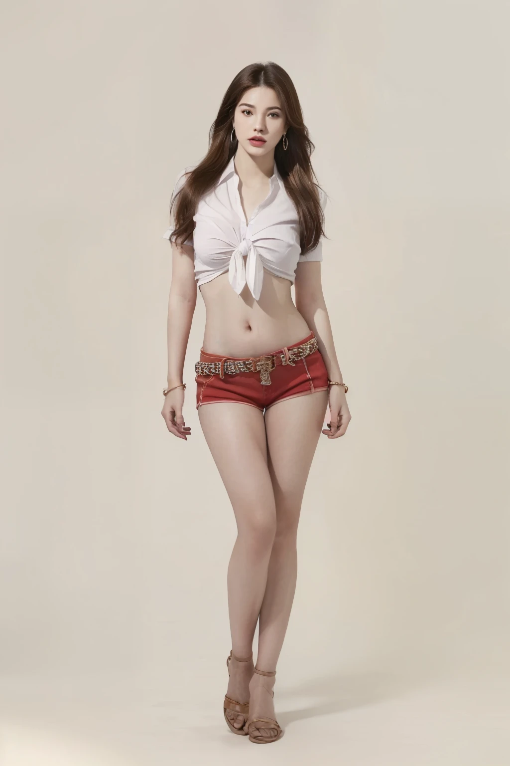 ((beauty eyebrows:1.4,beauty eyes:1.4,head out of frame:1.4,lower body:1.4,covering crotch:1.4,(((hand between legs:1.4))))),(((((full body:1.4,standing:1.4,looking at downside:1.4)),((red micro shorts:1.4,)),calf:1.4,ankle:1.4,high angle:1.4,knees together feet apart:1.4,sexy:1.4,beauty face:1.2,belt:1.4,1girl:1.4,large breast:1.4,Connie:1.4,long hair:1.2,tied shirt:1.2,earrings:1.2, navel:1.2))),((simple background:1.4)),(photo realist: 1.4), (hiper realist: 1.4), (realist: 1.3), (smoother lighting: 1.05), (Improve the quality of movie lighting: 0.9), 32K(increase the beauty of skin texture: 1.4, better quality, (beauty), (masterpiece:1.4), (Physically based rendering:1.4), (ultra high resolution:1.4), (best quality:1.4)