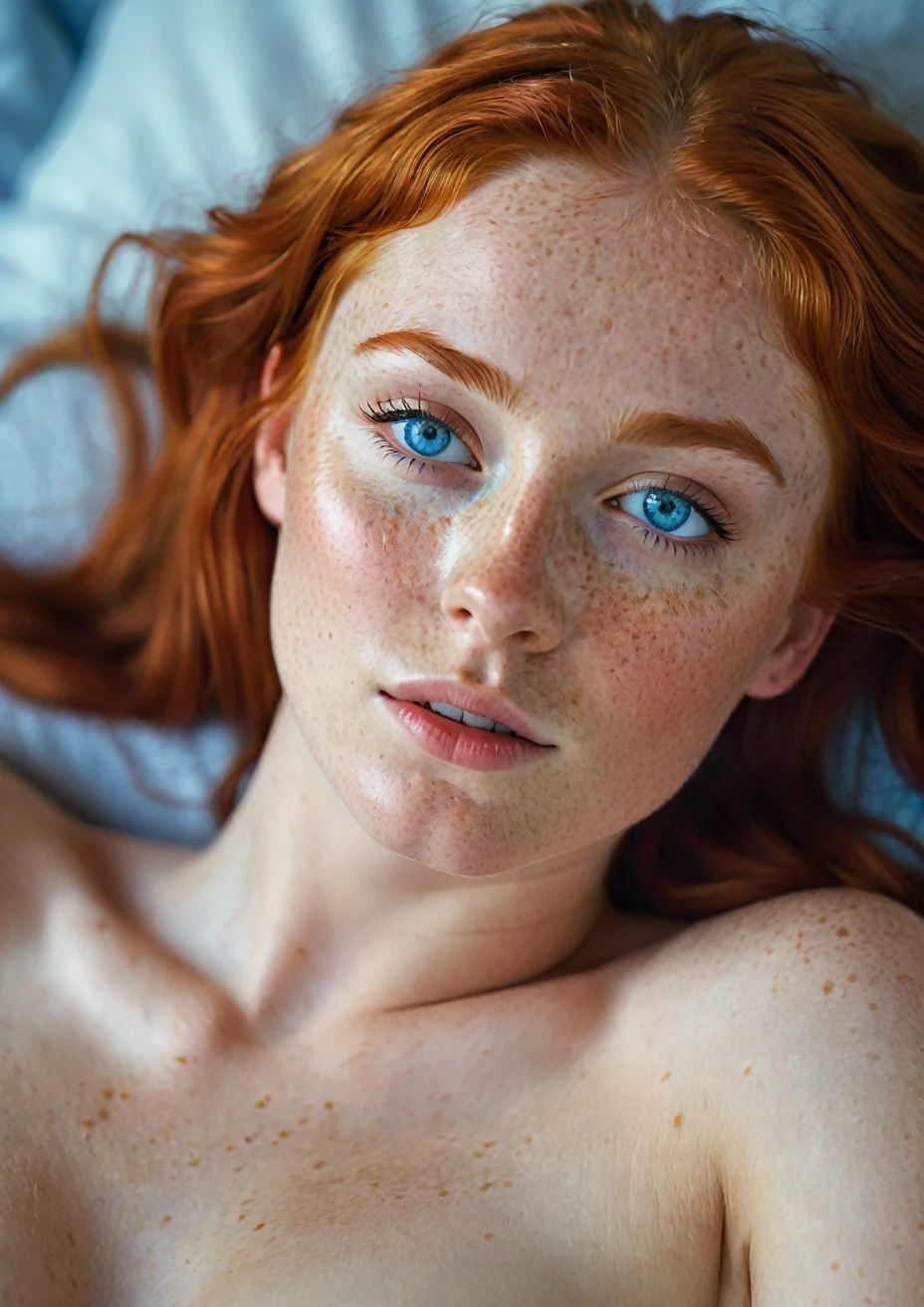 (best quality,ultra-detailed,realistic:1.37),red-haired woman,20-year-old,with freckles,celestial blue eyes,nude,without clothes,showing her body,lying on the bed,illustration,soft lighting,vivid colors,bokeh