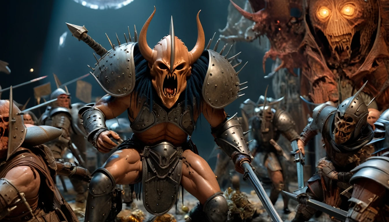 (3D rendering:3.1) in (medium full shot:3.1) of lot of characters from (metal hurlant magazine:3.1), inspired by style of Hans Bellmer art, barbarian warriors in battles with swords and shields in chaotic world, space creatures (with Creepy, Sci-Fi, Fantasy and Horror:2.9), directed by ridley scott (Cinematic:3.1), horror movie, horrified, terrified, insane, disgusting, disturbing, Impactful, cgsociety, hyper-detailed, digital illusions, cyberspace, photorealistic, arts visuals. Ultra detailed, RAW photo, (cinematic:2.9), artstation style, concept art, masterpiece, 8k, realistic textures, (3D rendering:3.1)