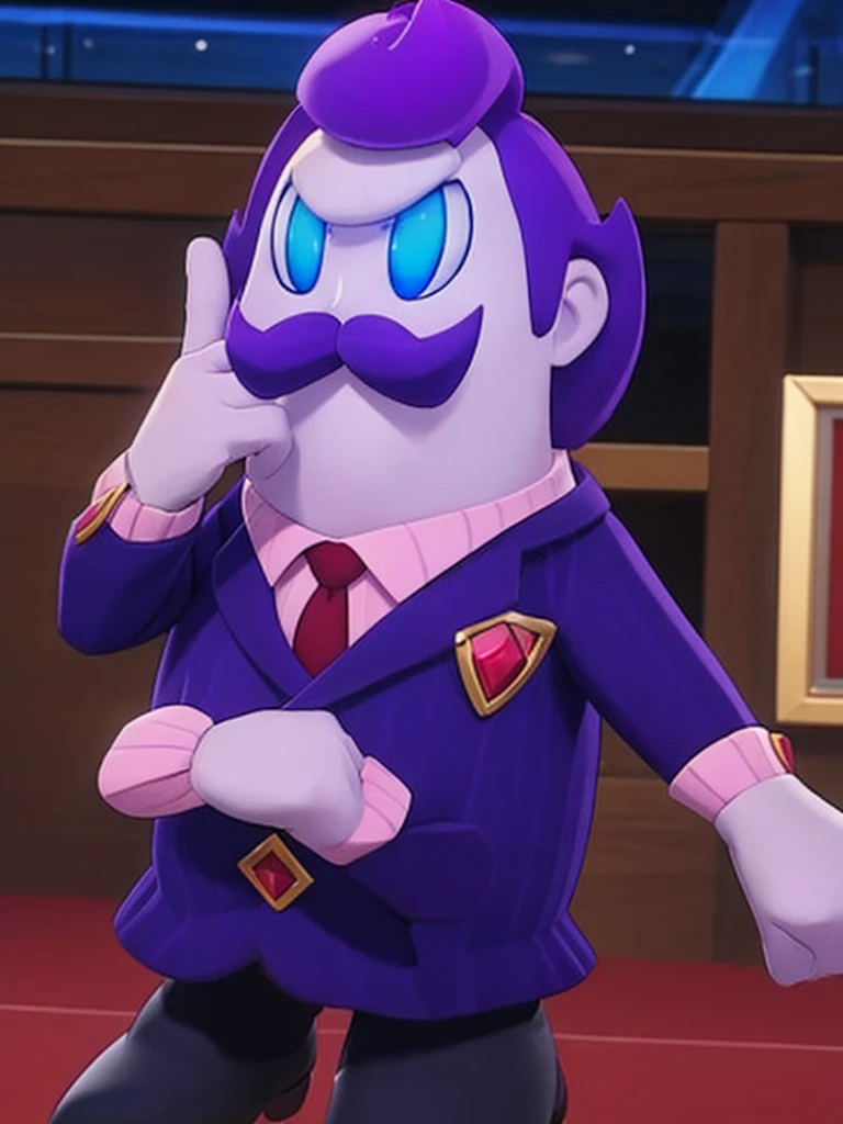  haltmann, purple hair, purple mustache, arms, wearing a dark blue suit with pink vertical lining, pink shirt, red tie, black shoes, gold suit button with a red diamond, pale purple gloves, pink cuffs, pale purple skin, blue eyes, golden earpiece with antenna