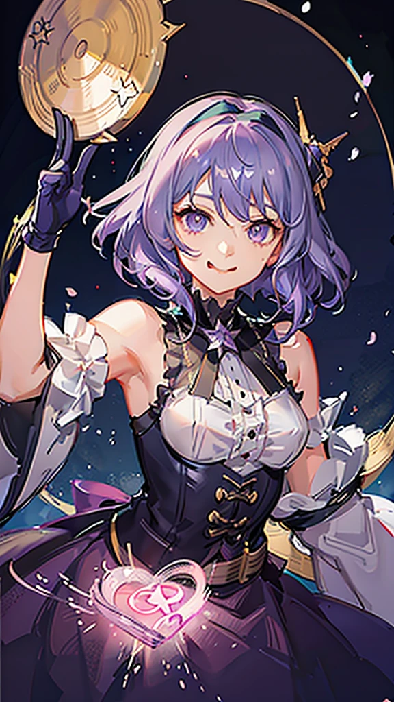 Hoshino Ai, Gloves, Tongue sticking out, Tongue, Long hair, Star (Symbolism), Watch the audience, (Purple Hair: 1.2), Purple Eyes, Upper Body, Hair accessories, Ruffles, pink shirt, Smile, sleeveless, shirt, Idol, Symbolism shaped pupil, Raise your hand, Bangs, one side up, Star-shaped pupils, Raise your arms, pulling clothes, roaring twenties, Isometric, from above, whole body, Rembrandt, illustration, detail, Depth of Field, Looking at the audience, Peace Sign, Raise your hand, Tongue out, best quality, high resolution.