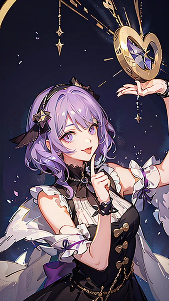 Hoshino Ai, Gloves, Tongue sticking out, Tongue, Long hair, Star (Symbolism), Watch the audience, (Purple Hair: 1.2), Purple Eyes, Upper Body, Hair accessories, Ruffles, pink shirt, Smile, sleeveless, shirt, Idol, Symbolism shaped pupil, Raise your hand, Bangs, one side up, Star-shaped pupils, Raise your arms, pulling clothes, roaring twenties, Isometric, from above, whole body, Rembrandt, illustration, detail, Depth of Field, Looking at the audience, Peace Sign, Raise your hand, Tongue out, best quality, high resolution.