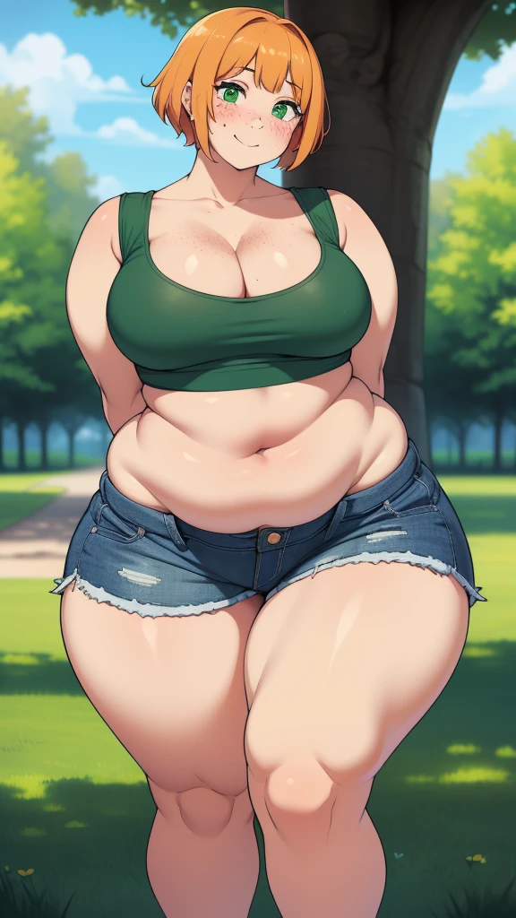 ((highres)), Masterpiece, high quality, best quality, beautiful, perfect lighting, detailed face, ultra cute face, ((1girl)), ((solo), short fluffy orange hair, green eyes, freckles, ((blush)), sweet smile, looking at viewer, arms behind back, standing in a park, (park), daytime, crop top, shorts, (((thick thighs))), ((wide hips)), cleavage, (medium breasts), (chubby), 20 year old female,