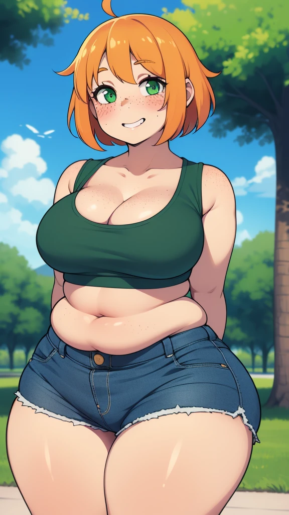 ((highres)), Masterpiece, high quality, best quality, beautiful, perfect lighting, detailed face, ultra cute face, ((1girl)), ((solo), short fluffy orange hair, green eyes, freckles, ((blush)), sweet smile, looking at viewer, arms behind back, standing in a park, (park), daytime, crop top, shorts, (((thick thighs))), ((wide hips)), cleavage, (medium breasts), (chubby), 20 year old female,