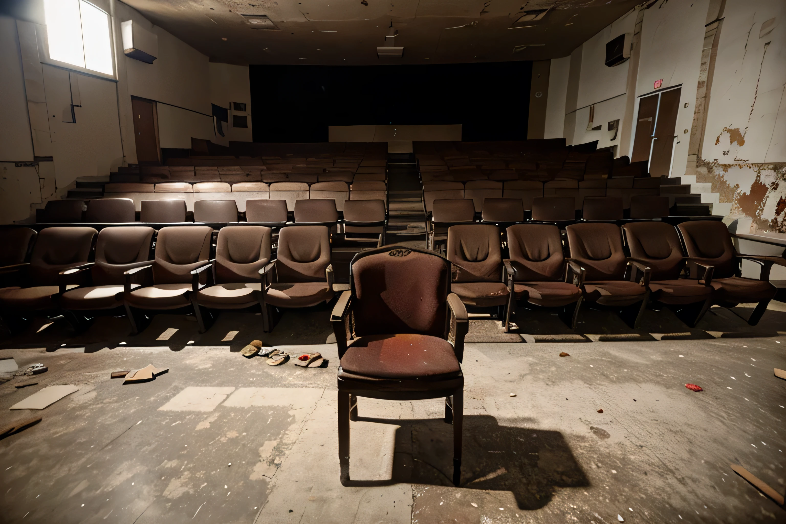 chair in abandoned theater, one chair, no background, no people, only chair