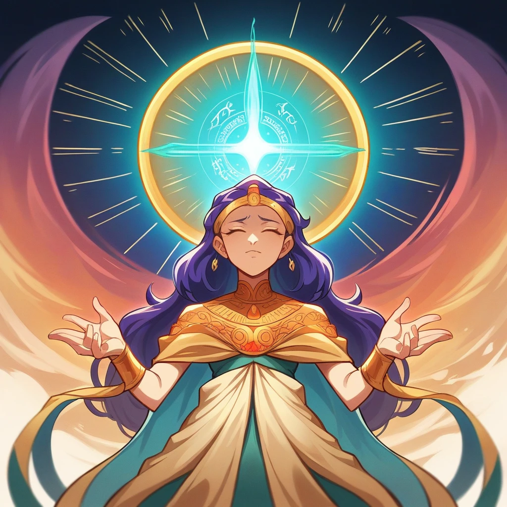Create an illustration of a Tarot card themed around the concept "Elevate your Energy." The central figure is levitating in a meditative pose, dressed in flowing, ethereal robes that flutter as if moved by an unseen force. This figure can be either male or female, exuding a serene and enlightened aura.Surrounding the figure is a radiant aura of luminous colors—predominantly gold, white, and violet—representing high vibrations and spiritual enlightenment. Below the levitating figure, flowers are blooming, with their petals oriented upwards, as if absorbing and reflecting the surrounding energy. In the background, majestic mountains symbolize stability and spiritual ascent.Above the figure, a large, glowing mandala with a shining sun or star at its center radiates energy that seems to flow through the figure, emphasizing the elevation of energy and spiritual alignment. Along the edges of the card, include symbols of chakras, energy circles, or other esoteric signs to enhance the theme of spiritual awakening and energy elevation.At the bottom of the card, elegantly inscribe the phrase "Elevate your Energy" in golden letters, highlighting the card's central message.This Tarot card should evoke a sense of uplifting energy, spiritual growth, and enlightenment.