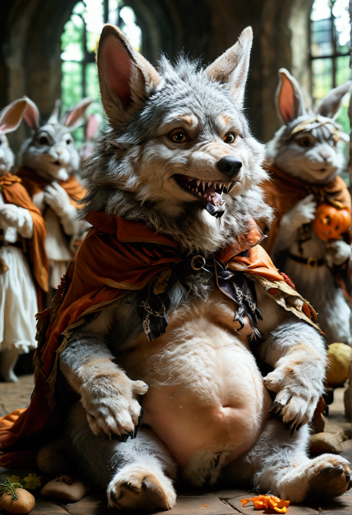 (((1 male anthropomorphic wolf))). (((Crowd of anthropomorphic female rabbits dressed as scary witches))). (((No humans))). (((Many female anthropomorphic rabbits are tickling a lone male anthropomorphic wolf's belly))). The anthropomorphic wolf is lying flat on his back spread eagle. They dance next to the large and bloated belly of a shocked anthropomorphic wolf who is restrained to the ground. photo realistic style. dark medieval dungeon. (((The anthropomorphic rabbits try to touch the anthropomorphic wolf's extremely large erect penis and extremely large testicles located on the anthropomorphic wolf))). side view. Full body shot of anthropomorphic wolf. Male anthropomorphic wolf has large soft pot belly. Anthropomorphic wolf belly focus view. Correct anatomy. NSFW. (((Only the anthropomorphic male wolf is nude))), everyone else wears female clothes. Sexual acts. Lewd acts.