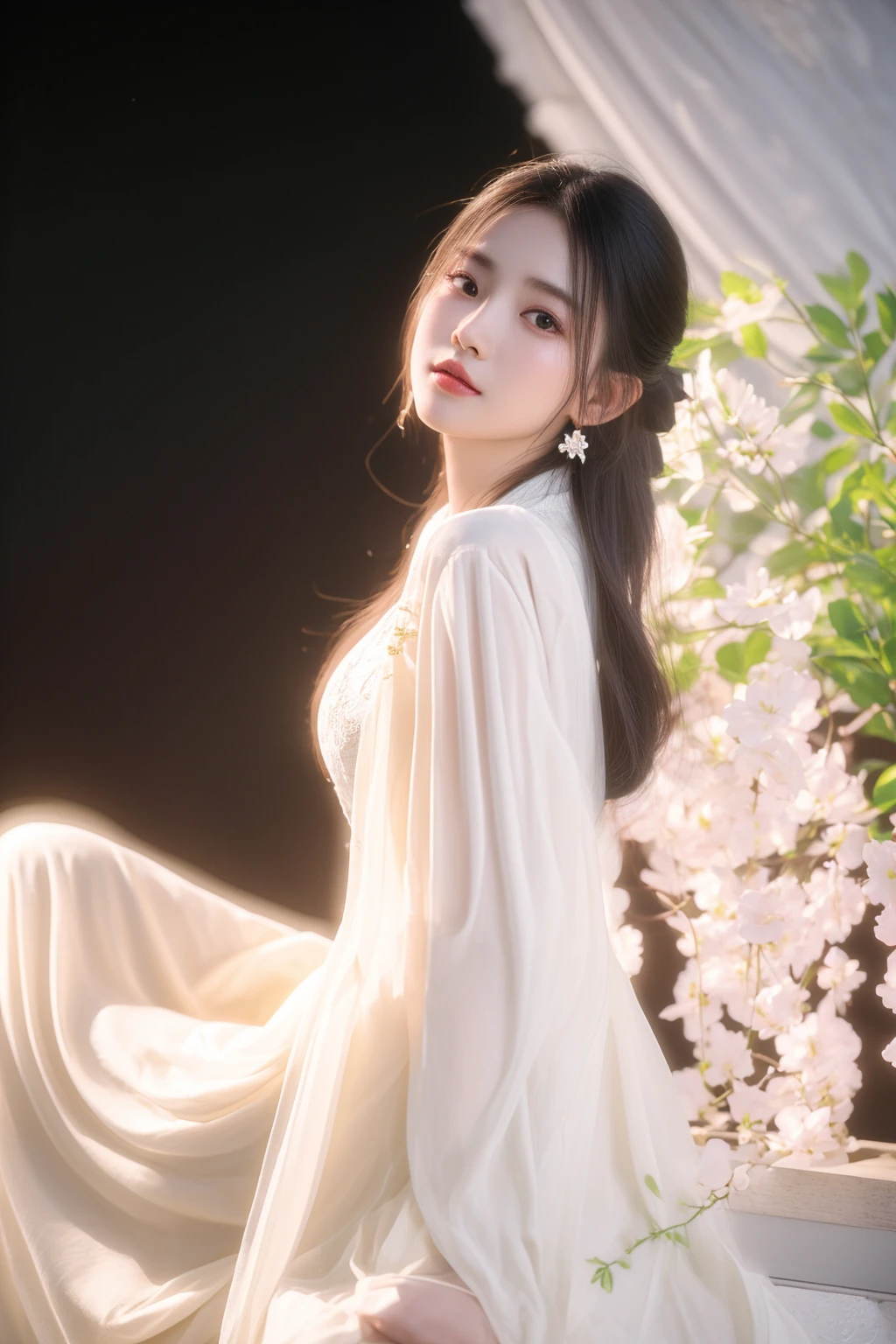there is a woman sitting on a ledge with a flower in her hand, inspired by Huang Ji, ethereal beauty, white hanfu, soft ethereal lighting, artwork in the style of guweiz, guweiz, trending on cgstation, inspired by Tang Yifen, ethereal and dreamy, palace , a girl in hanfu, soft portrait shot 8 k