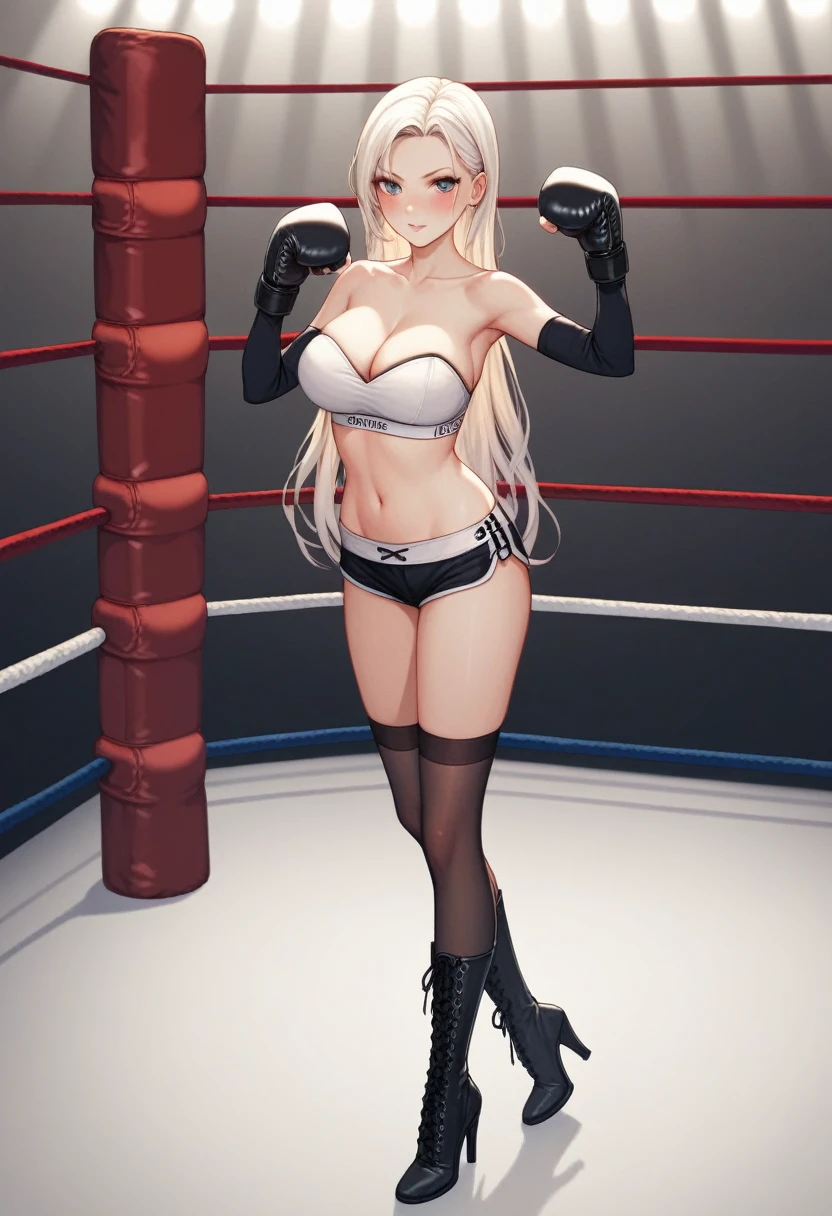 A slim and beautiful girl boxer,Good shape,Pretty Face,detailed picture, blush,White long hair,Wearing a white strapless sports bra,miniskirt,Black garter stockings,high-heel boots,Wearing black boxing gloves,Wearing black sleeves,Perform standing boxing moves alone in the boxing ring,Large Breasts,Cleavage,Thin legs,nipple,