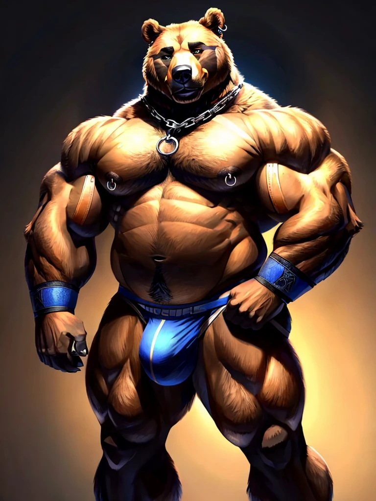 My fursona is a split species, part grizzly bear and part German Shepherd dog. He stands mostly bipeadel, but his general body shape alows him to easily take a quadrupedal sance. For his face, the muzzle leans more towards a bear's, while the ears are more like a dog's. The general head shape is a decent blend of the 2 species, with dark blue eyes. He has a large and thick silver septum nose piercing as well as a 2 silver cartilage cruncher ear hoops on his right ear. Around his neck is a thick chain linked together on his chest by a red padlock. He has broad shoulders like a bear, and thick arms combining muscles covered with a layer of fat leading to bear paws with oposable thumbs. He has a black lether armband around eack large bicep. Each paw has a silver ring on what would be the ring finger and a dark red ring on what would be the middle finger. His chest is pretty prominent, with large stone pectorals covered in minimal fat with both nipples pierced with silver hoops. His torso is fairly muscular with a layer of fat barley covering his muscle gut. He does not wear a shirt at all. His waist is wide and his butt is fairly round and plump, framed by the straps of the black and dark red jockstrap he wears, the same jockstrap that hugs a larger then average bulge at his crotch. At the base of his back above the back of his jockstrap is a thick, fluffy German Sheppered tail. His thighs muscular and are quit large at the top but slowly tapper to be a little bit thiner the closer they are to the knees. From the knees down, his legs take on a dog's typical hind legs shaped with the elongated foot, ending in strong, thick dog paws. His fur pattern and colors are those of a Germen Shepered, with a little more orange coming through the light brown parts of his fur.