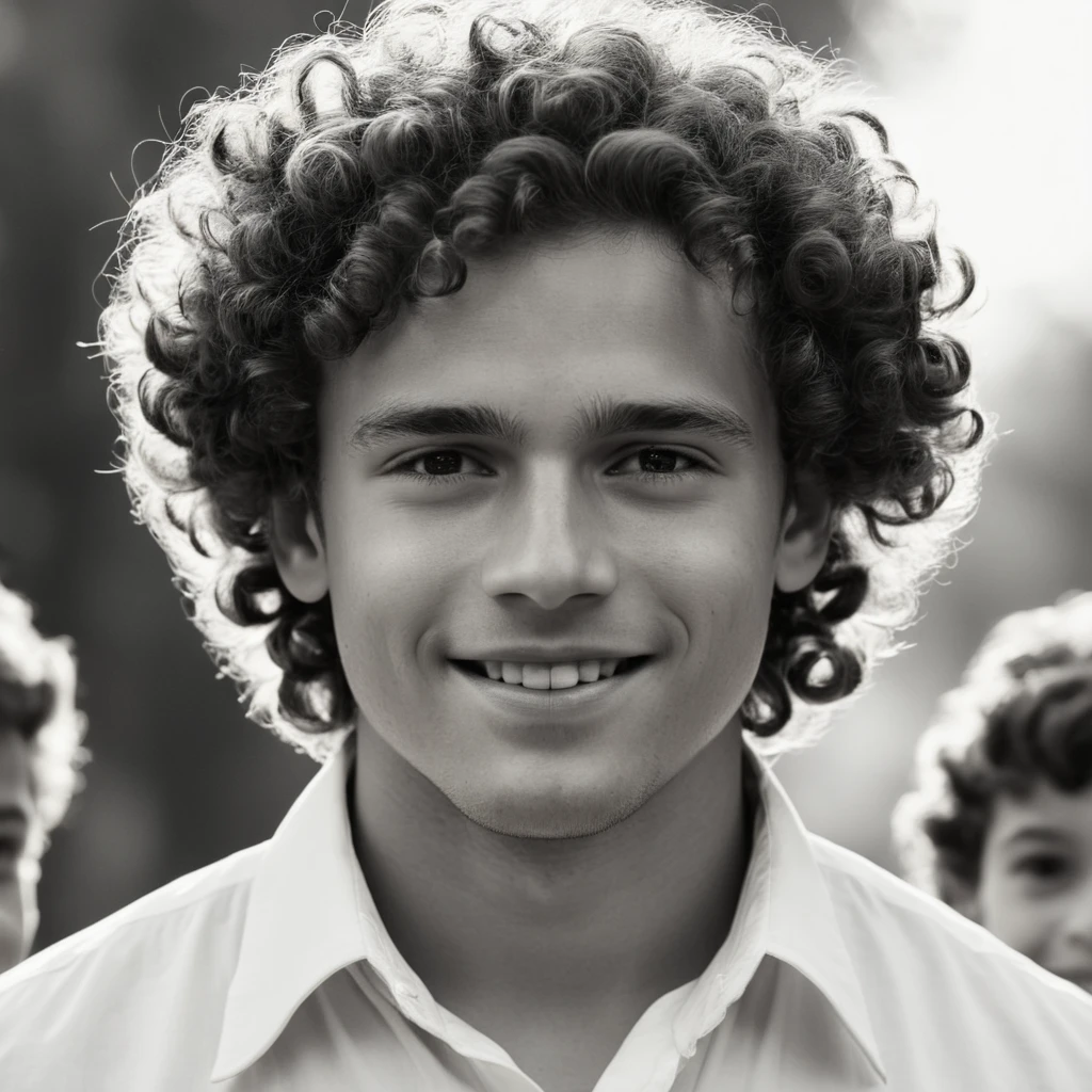 cinematic film still of Ablaze light, Ablaze, a man with a curly hair and a white shirt High-key lighting Style,looking ahead at viewer,ssmile,simple background,1 young boy,monochrome,greyscale,male focus,several boys,2 Boys,portraite,curly hair,realisitic,afro, Shallow depth of field, vignette, highy detailed, high budget, bokeh, cinemascope, temperamental, epic, marvelous, film grain, grainy