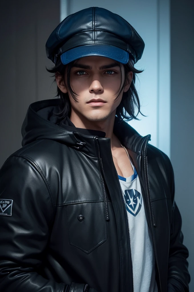I want a male character with a backwards cap, medium pointed dark hair, with eyes showing blue lights, a black mask, and with a black jacket