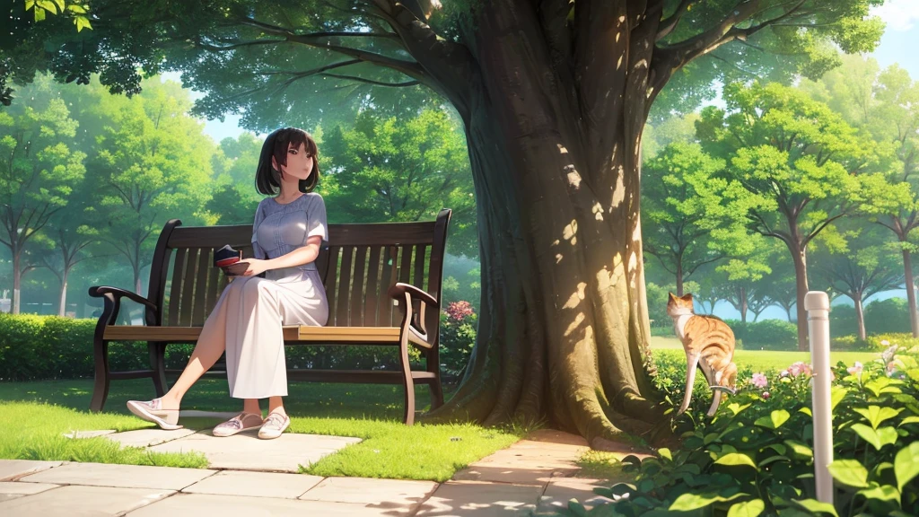 (Woman sitting on a park bench looking up at the sky),(drink coffee),(Comfortable and comfortable seats),(Sunlight filtering through the trees),(The sky is clear.),(daytime),(Anime style landscape wallpaper with special details.),ผู้หญิงกำลังdrink coffeeคนเดียว,((cat)),