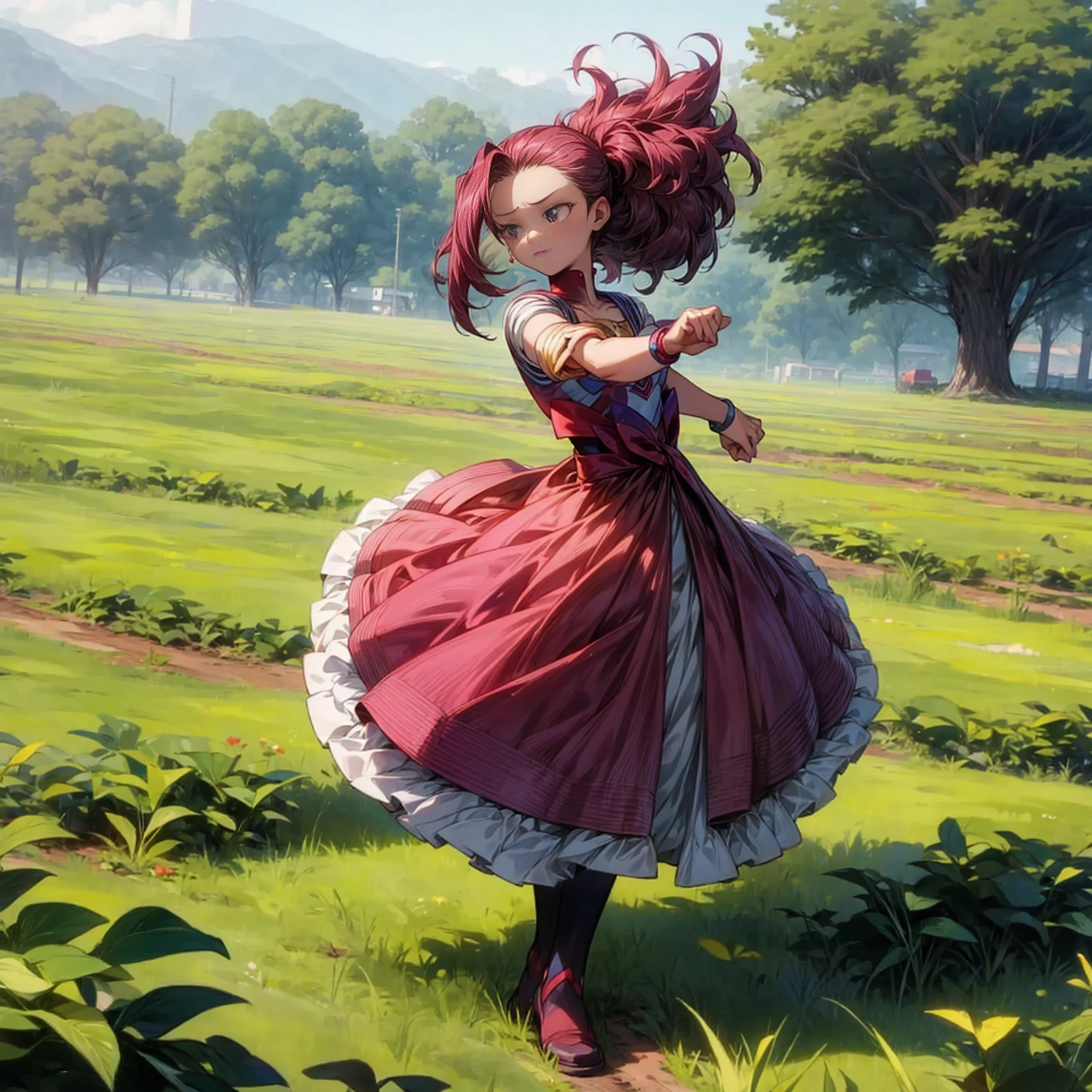 1childern girl, Full body version, 1character, black eyes, short Curly haircut, magenta color hair, Farmer style clothing, blue colour clothing, bracelet, Grassroots, background in field, motion blur, (sailor moon style art)