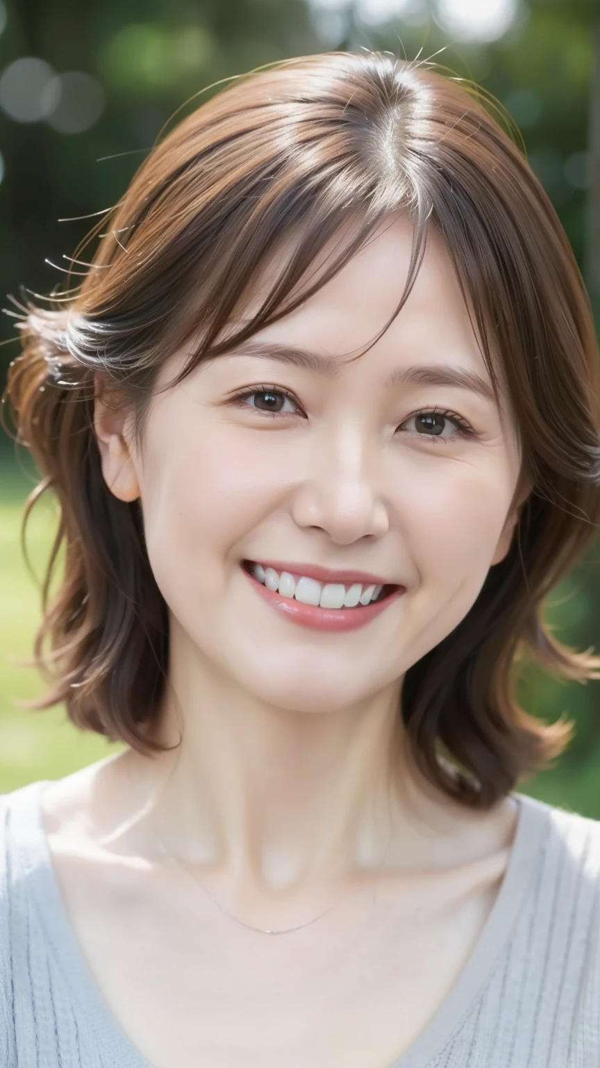 最high quality, In 8K, Structure from knee to top of head,, Genuine, Sharp focus, high quality, High resolution, Detailed face, fine grain, Thick lips, Background Blur, alone, Middle-aged women, , 65 years old, , Wavy Hair, Cleavage, Wearing a plain short-sleeved knit, Standing in the park, Wrinkles around the eyes, Smiling with teeth showing