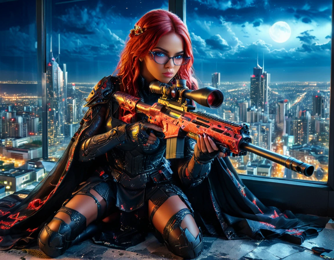 a portrait picture of a 1single woman sniper, standing in a window aiming a sniper rifle, an exotic beautiful woman sniper, red hair, braided hair, (black skin: 1.3), full body shop, intense blue eyes, wearing intricate glasses ultra detailed face, wearing (intricate evening dress: 1.5), elegant dress, dynamic color, dynamic style, wearing elegant stiletto heels , behind a window in a tall building at nigh, aiming a Light Sniper Rifle , cyberpunk city background, its night time, moon rays, some clouds,  (full body shot: 1.1) , vibrant, Ultra-high resolution, High Contrast, (masterpiece:1.5), highest quality, Best aesthetics), best details, best quality, highres, ultra wide angle, 16k, [ultra detailed], masterpiece, best quality, (extremely detailed) Sniper Rifle, evening dress
