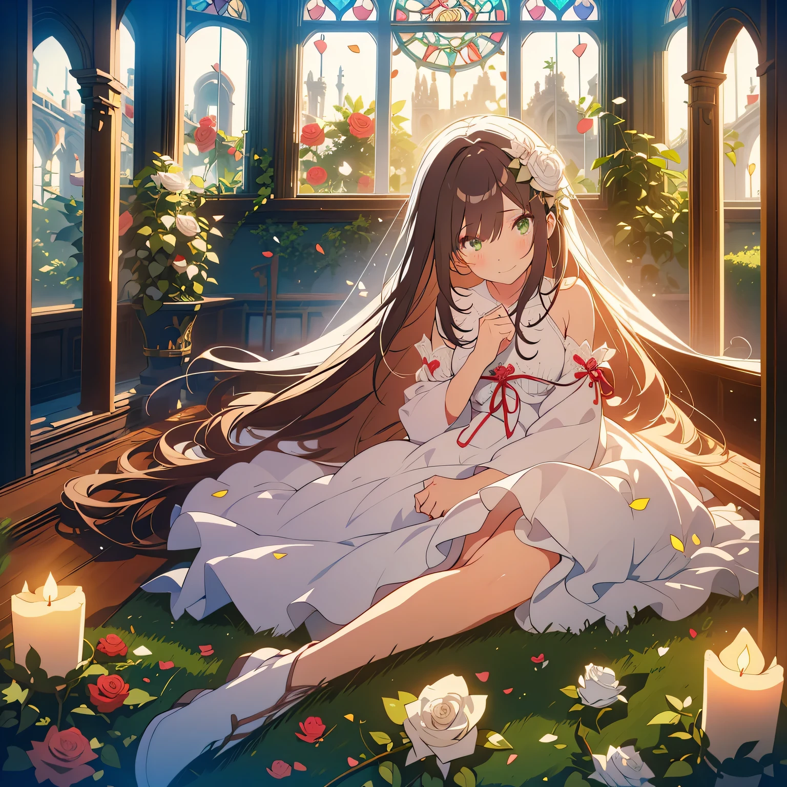 kawaii, anime, Cute, hyper quality, highly detailed, 8k, Clarity, dark brown long hair, smile, green eyes, White Rose, white rose, plant, Thorns, rose vine, buried in roses, lie down, hold your hand, sad expression, big white rose, rose petals, fog of light, lose one's legs and fall down, collapsed church, Stained glass, light shines in, Draw faces clearly, ruins, light pours down, lots of white roses, growing rose vine, rose thorn, white rose petals are dancing, offer a prayer, Draw facial expressions in detail, The only color of roses is white, 