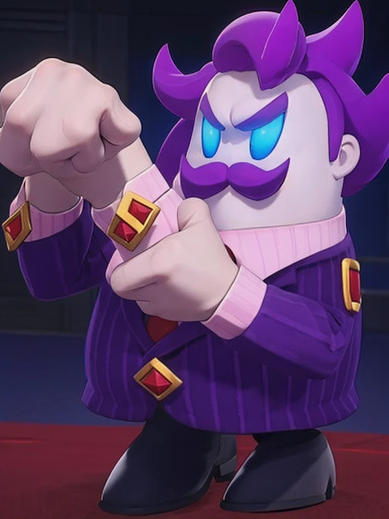  haltmann, purple hair, purple mustache, arms, wearing a dark blue suit with pink vertical lining, pink shirt, red tie, black shoes, gold suit button with a red diamond, pale purple gloves, pink cuffs, pale purple skin, blue eyes, golden earpiece with antenna