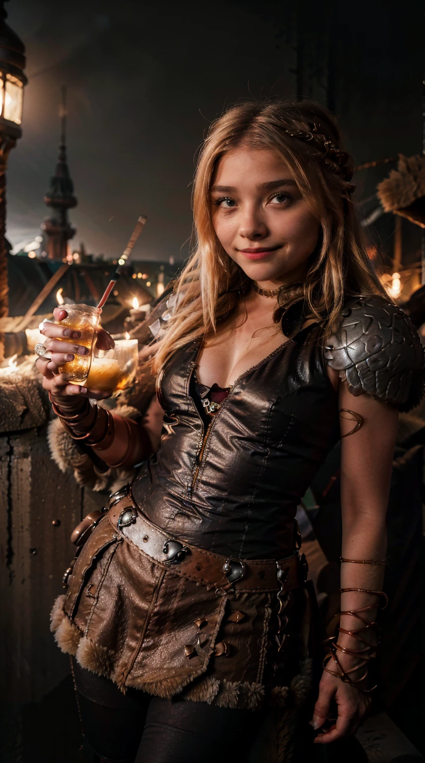 Masterpiece, Best quality,, (photorealistic1.4), (UHD), (epiCRealLife), (flashphoto), (astrid_hofferson headband),  (photorealistic1.4), (cleavage), (medium breasts), (red tank top) (Chloe Grace Moretz), (chl03gm), (Astrid Hofferson armor  Costume), (astrid_Character outfit), (Astrid Armor) (AstridWaifu), ( (Medieval outdoor), (castle landscape), (night time), (on castle rooftop), , Chloe Grace Moretz smile)