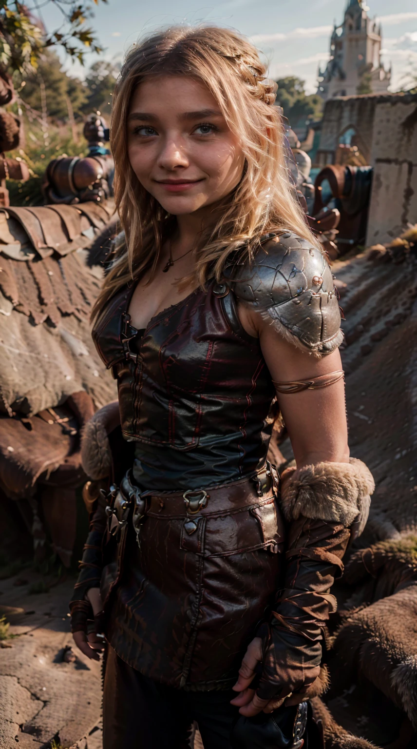 Masterpiece, Best quality,, (photorealistic1.4), (UHD), (epiCRealLife), (flashphoto), (astrid_hofferson headband),  (photorealistic1.4), (cleavage), (medium breasts), (red tank top) (Chloe Grace Moretz), (chl03gm), (Astrid Hofferson armor  Costume), (astrid_Character outfit), (Astrid Armor) (AstridWaifu), ( (Medieval outdoor), (castle landscape), (night time), (on castle rooftop), , Chloe Grace Moretz smile)