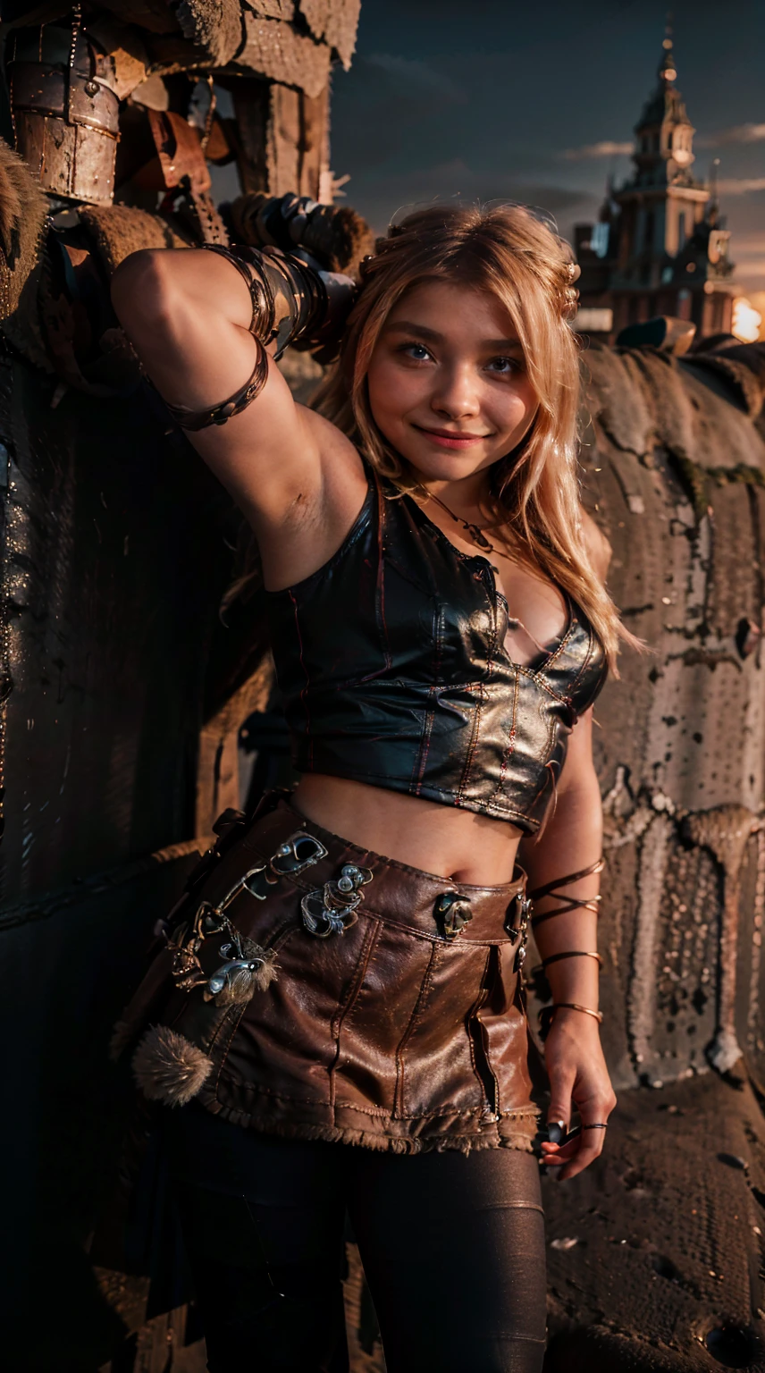 Masterpiece, Best quality,, (photorealistic1.4), (UHD), (epiCRealLife), (flashphoto), (astrid_hofferson headband),  (photorealistic1.4), (cleavage), (medium breasts), (red tank top) (Chloe Grace Moretz), (chl03gm), (Astrid Hofferson armor  Costume), (astrid_Character outfit), (Astrid Armor) (AstridWaifu), ( (Medieval outdoor), (castle landscape), (night time), (on castle rooftop), , Chloe Grace Moretz smile)