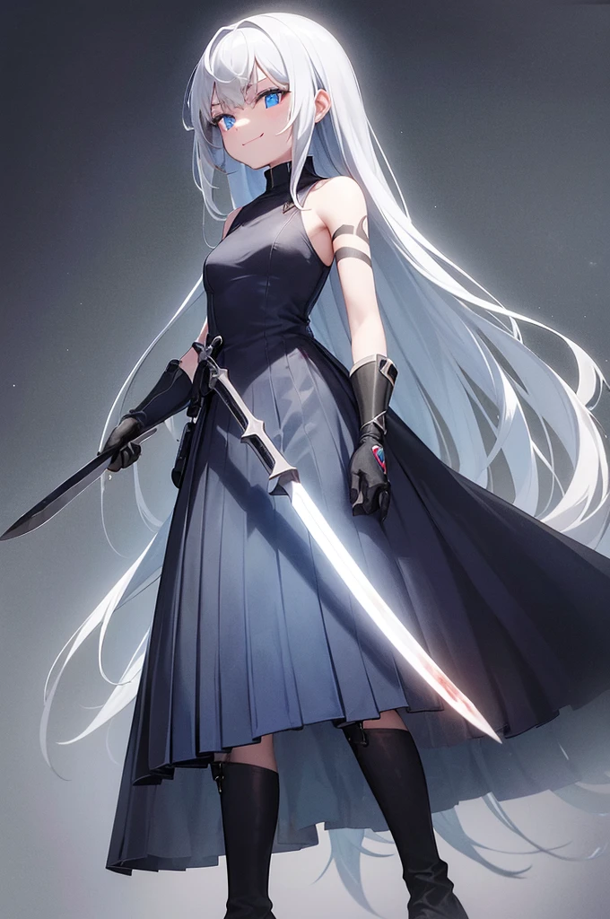 dark background, 1girl, full body, standing, long gray-ish dark blue hair, white hair stripes, glowing deep blue eyes,  top, medium dark blue skirt, black boots, body full of dark blue tatoos, satisfied smile, looking at arm, cutting own arm, knife on hand, blood dripping 