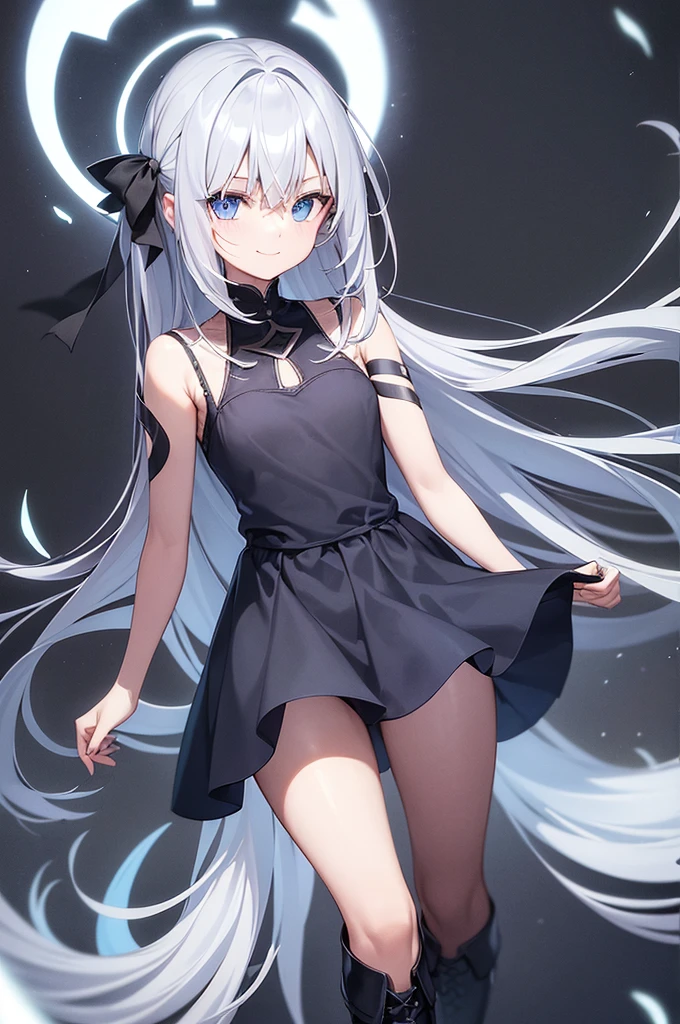 dark background, 1girl, full body, standing, long gray-ish dark blue hair, white hair stripes, glowing deep blue eyes, top, medium dark blue skirt, black boots, body full of dark blue tatoos, satisfied smile, looking at arm, cutting own arm, knife on hand, blood dripping