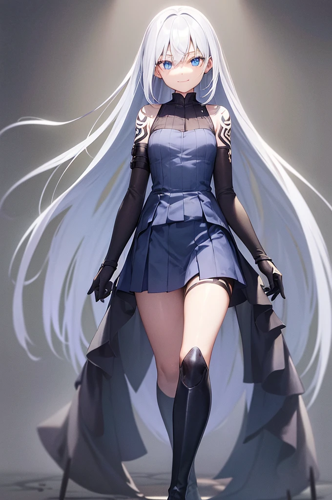 dark background, 1girl, full body, standing, long gray-ish dark blue hair, white hair stripes, glowing deep blue eyes, top, medium dark blue skirt, black boots, body full of dark blue tatoos, satisfied smile, looking at arm, cutting own arm, knife on hand, blood dripping