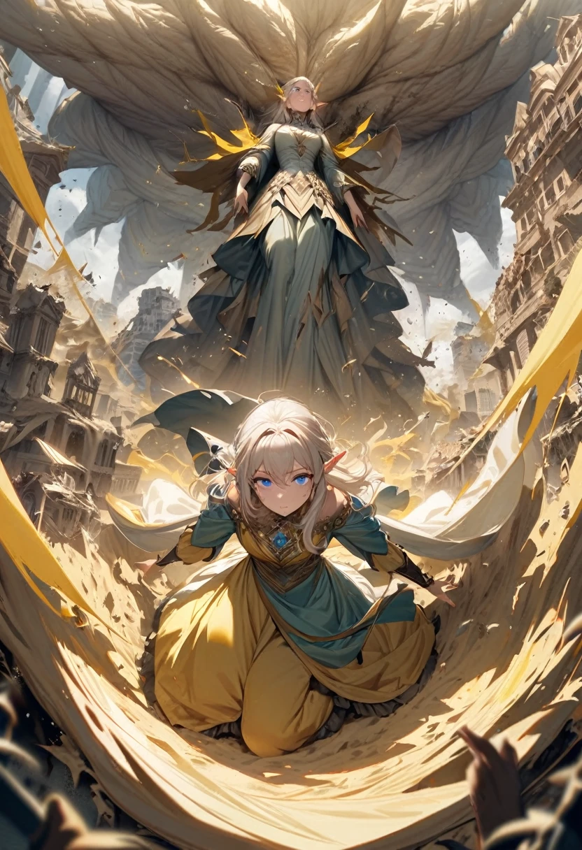 Noble Elf, Blue eyes, platinum blonde hair, Noble dress, Beautiful face, Young woman, Chained, falling from a great height into a whirlpool of yellow sand, reaching out to me, destroyed city in a whirlwind, Elf king statue and huge tree, dust on her face, sad eyes, I want to say something, high quality, beautiful picture, masterclass!
