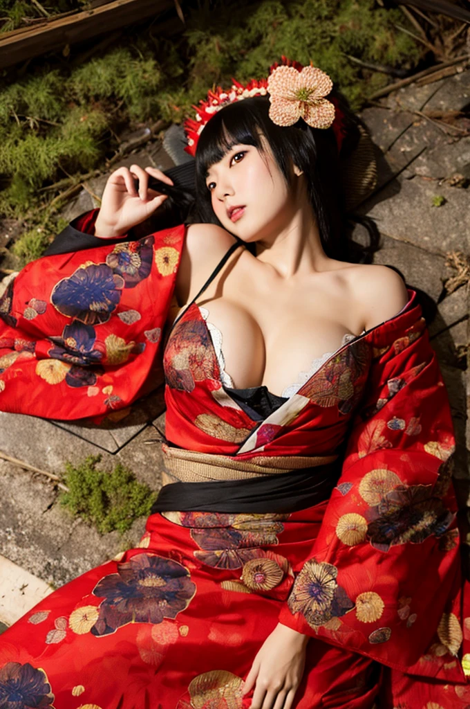 Low - Angle、Highest quality,Very detailed Japanese swamp monster in red kimono、Spread your legs and show your vagina、Dark night fog