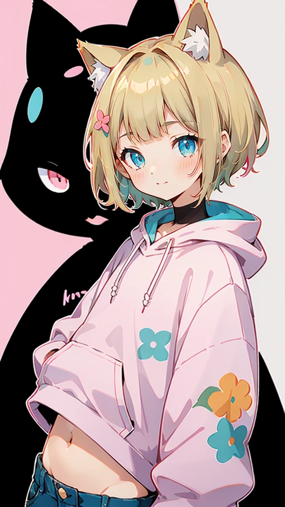 Denim shorts、Belly button、Blonde Hair、Pink short-sleeved hoodie、大きなFlower Hair Ornaments、Belly button、An unprecedented number of draws、Flower Hair Ornaments、Floral Hair Accessories、Blonde、Cat ear、Pink short-sleeved hoodie、high quality、Colorful color palette、high resolution、pretty girl、 Pink hoodie、An unprecedented number of draws、Anime Style、Geometric background、Sticker Style、short hair、Blonde、Turquoise Eyes, Messy Hair, Pink hoodie、髪と同じ色のCat ear、front, Hands posing, Until death, Bondage, Baggy clothes