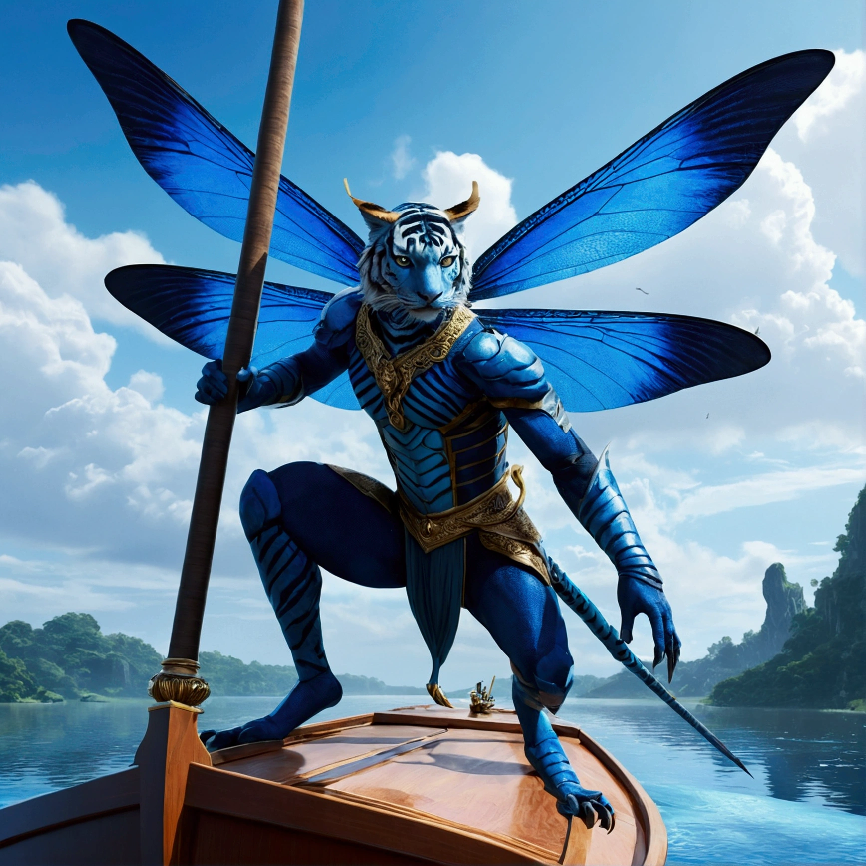 close up of blue dragonfly winged man, who jumps on a boat holding a pointed flagpole, blue with a picture of a blue tiger, anime fantasy artwork 2.5 d cgi, Highly detailed fantasy art, detailed fantasy digital art, detailed digital 2d fantasy art, anime fantasy artwork, digital epic fantasy art style, detailed fantasy art, anime fantasy illustration, high quality fantasy art, HD epic fantasy art style, behance fantasy art