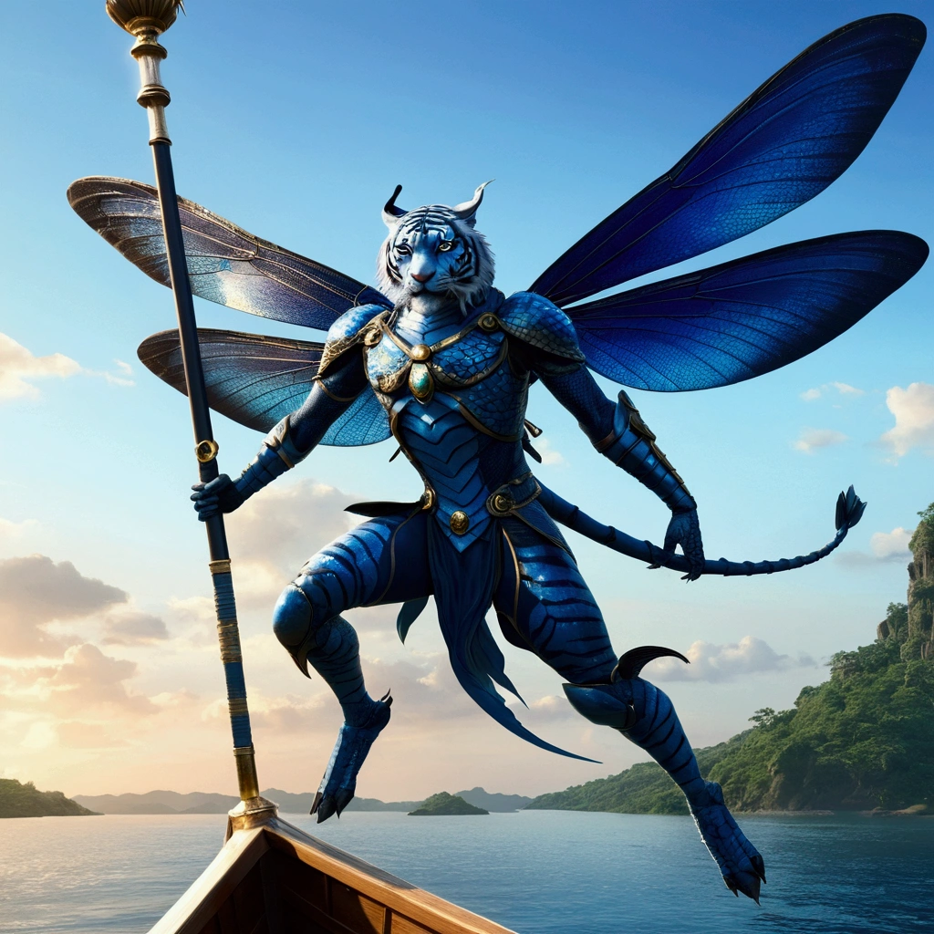 close up of blue dragonfly winged man, who jumps on a boat holding a pointed flagpole, blue with a picture of a blue tiger, anime fantasy artwork 2.5 d cgi, Highly detailed fantasy art, detailed fantasy digital art, detailed digital 2d fantasy art, anime fantasy artwork, digital epic fantasy art style, detailed fantasy art, anime fantasy illustration, high quality fantasy art, HD epic fantasy art style, behance fantasy art