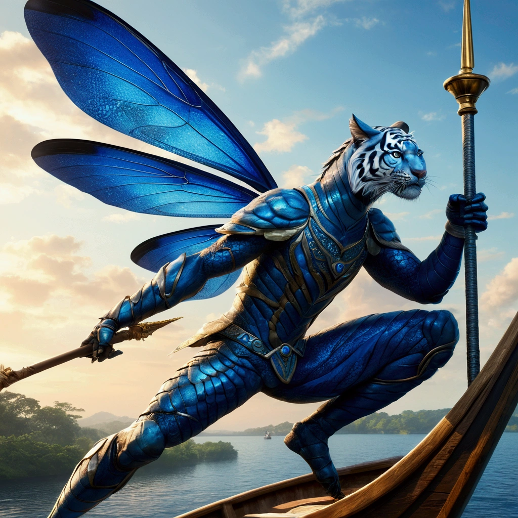 close up of blue dragonfly winged man, who jumps on a boat holding a pointed flagpole, blue with a picture of a blue tiger, anime fantasy artwork 2.5 d cgi, Highly detailed fantasy art, detailed fantasy digital art, detailed digital 2d fantasy art, anime fantasy artwork, digital epic fantasy art style, detailed fantasy art, anime fantasy illustration, high quality fantasy art, HD epic fantasy art style, behance fantasy art