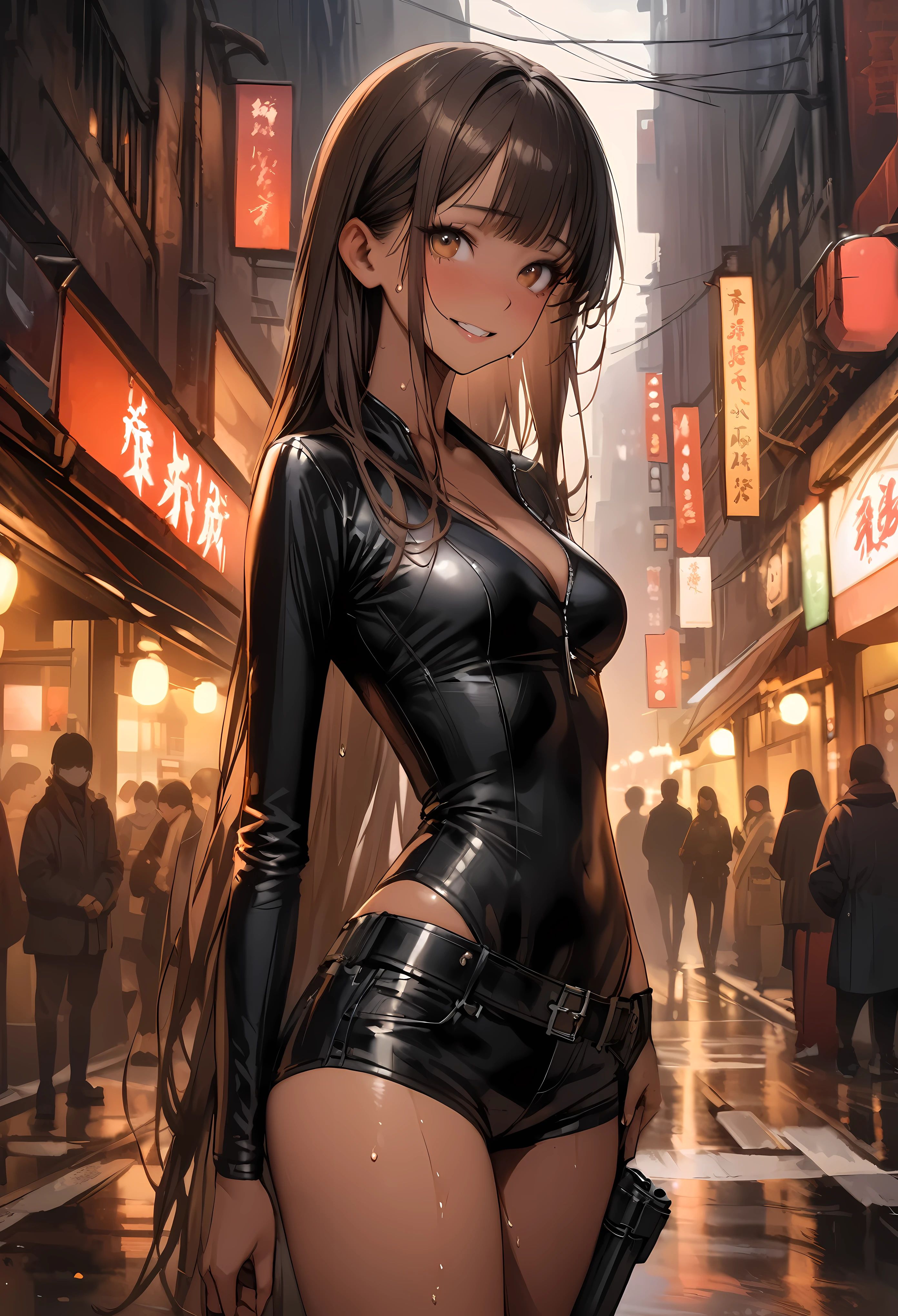 ((masterpiece,Highest quality:1.3,best quality illustration)),realistic,cowboy shot,solo,1woman,(25 year old beauty),dark brown hair,long hair,bangs,brown eyes,(gorgeous big eyes),((very small head:1.3)),shy,smile,((very long body:1.2,skinny)),(tan skin),medium breasts,leather jacket、Micro Shorts、Leg holster、Pistol,sweat,gleaming skin,slender body,standing,on street,neon、New York City、