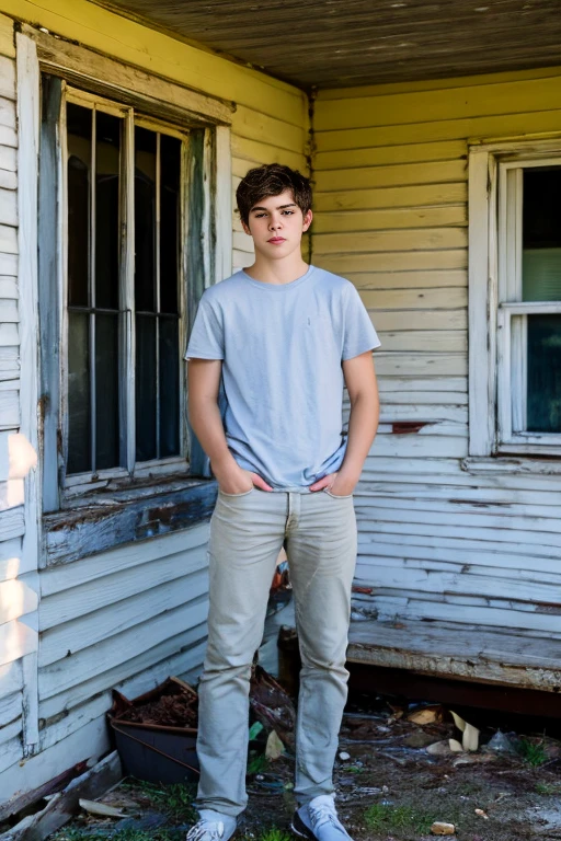 Realistic photo of solo handsome teenage men ,Standing In front of an abandoned house ,daytime