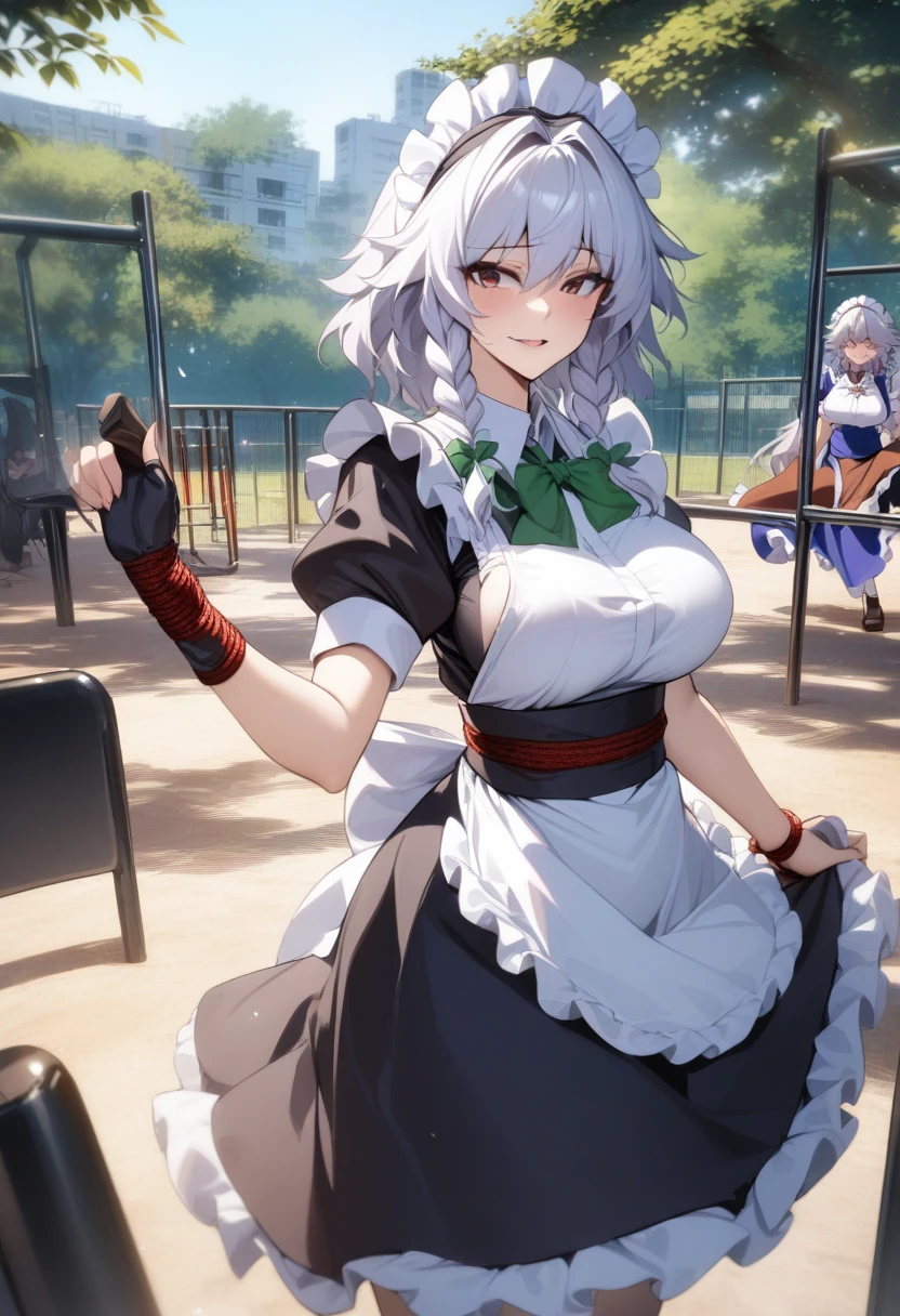 masterpiece, best quality, very aesthetic, absurdres, 1girl, mature_lady,tortoiseshell bondage, red_rope, hand_behind, ,izayoi sakuya, touhou,maid headdress, maid, apron, short sleeves, dress,,in a playground,floating_clothes,
