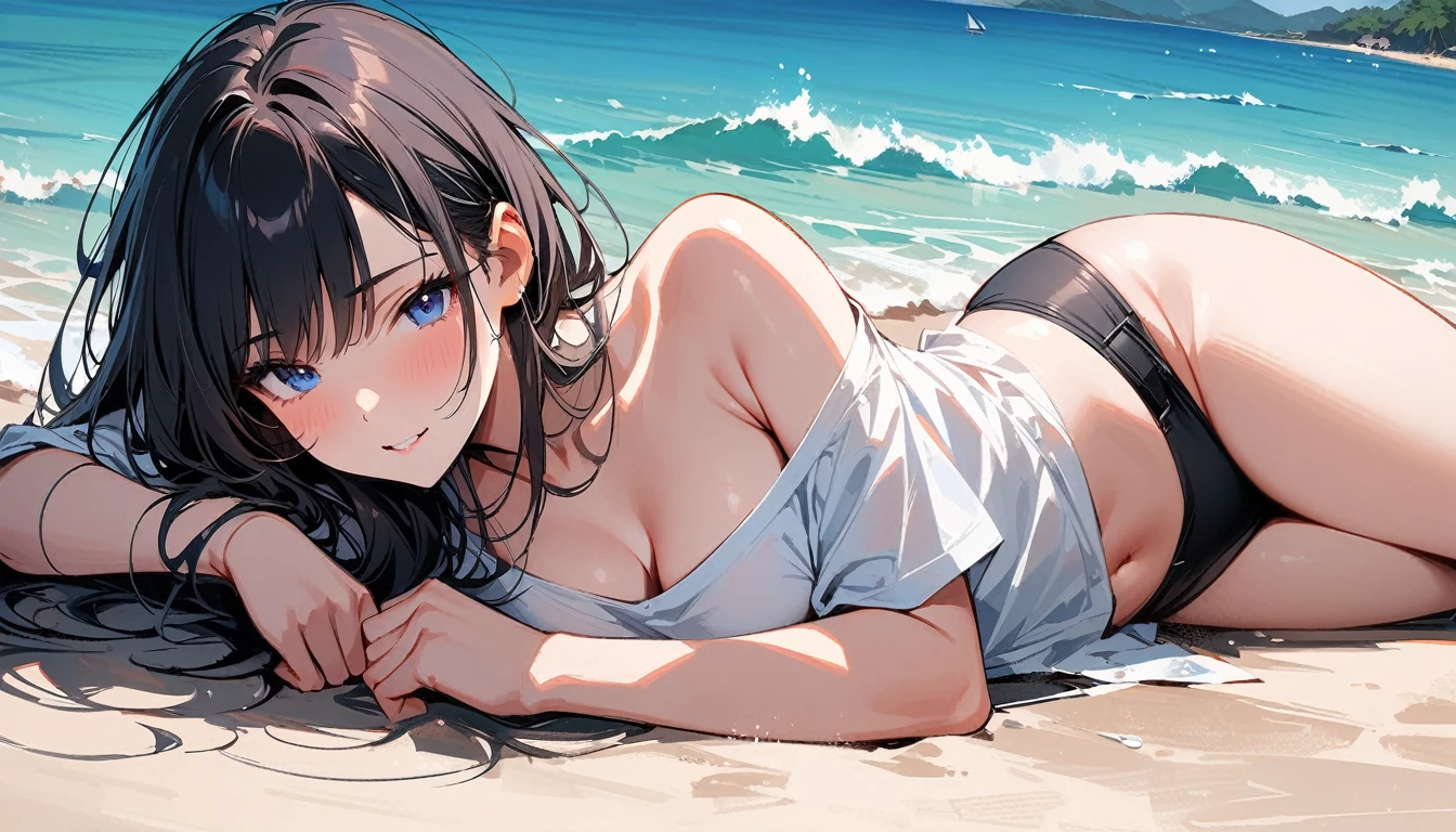 (masterpiece, Highest quality:1.2), 1 Girl, alone,Eyes open,Are you having fun,Tropical atmosphere,Ocean,Lying down