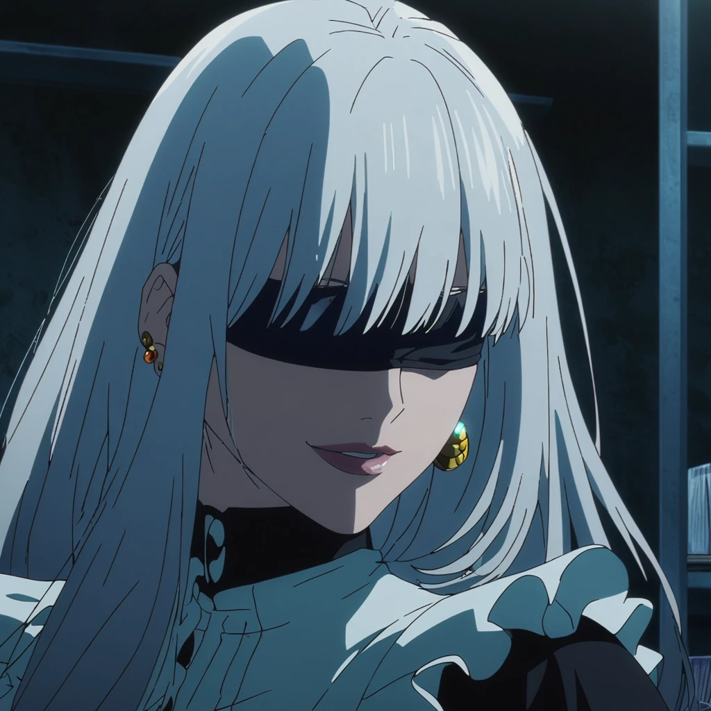 1girl, female gojo satoru, anime screencap from jujutsu kaisen, gojo satoru female version, solo, long_hair, ((wearing black blindfold)) ((white_hair, side bangs)), night view, (hanging breasts) upper_body, smile, indoors, book, lips, (long hair, side bangs) ((wearing maid costume)) breast, "very detailed and high resolution" (black blindfold) ((solo)) (((front view))) (earings) ((high resolution)) ((good quality)) ((silky hair))
