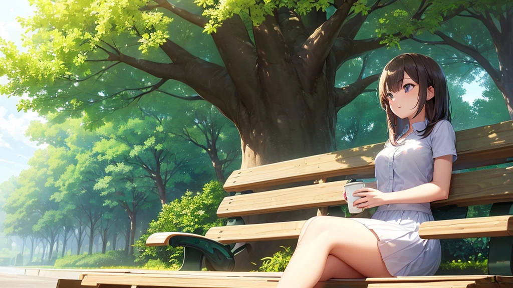 (Woman sitting on a park bench looking up at the sky),(drink coffee),(Comfortable and comfortable seats),(Sunlight filtering through the trees),(The sky is clear.),(daytime),(Anime style landscape wallpaper with special details.),ผู้หญิงกำลังdrink coffeeคนเดียว,((cat)),