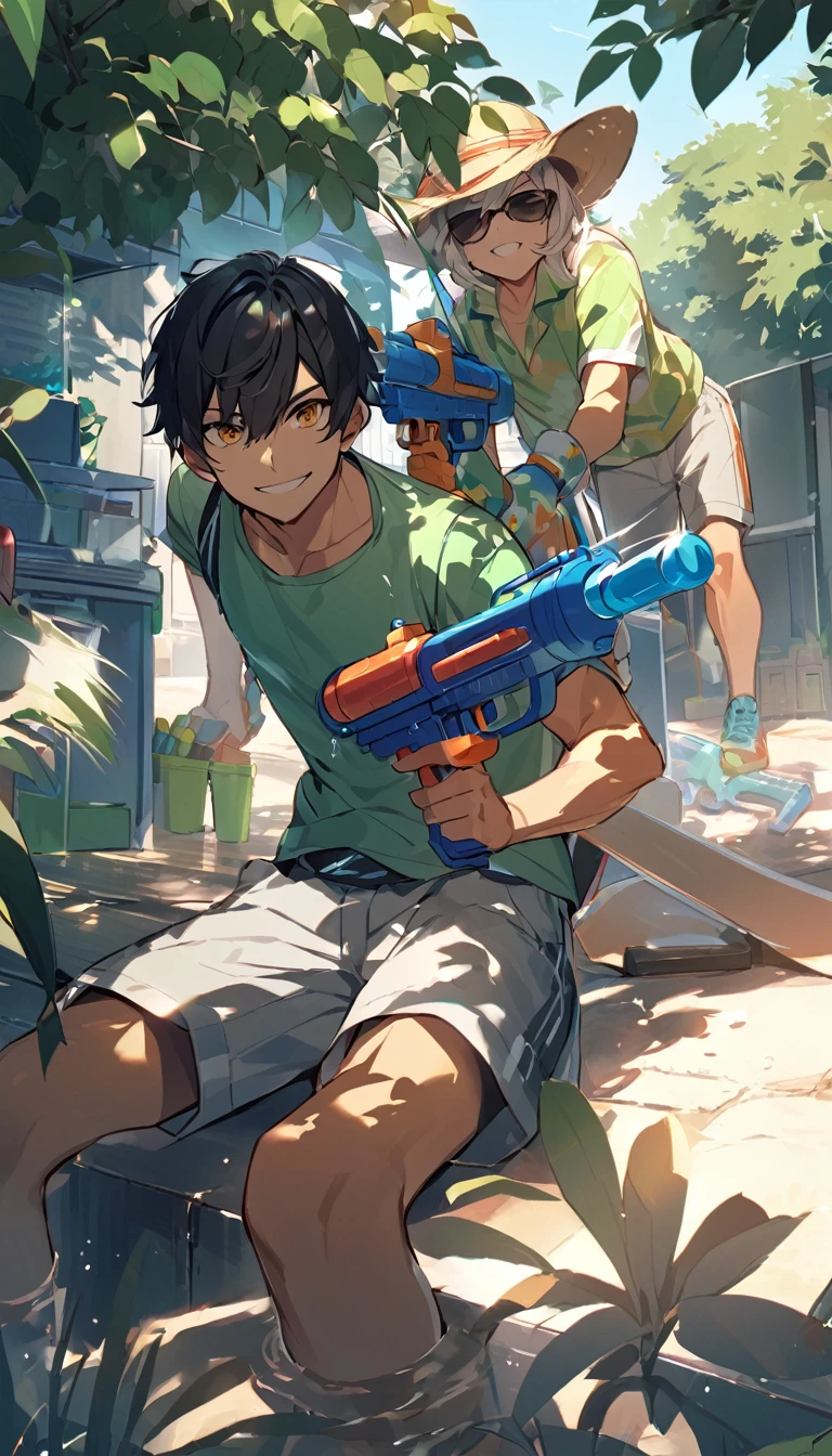 Boys playing with water guns, Hide in the shade and aim at your opponent, smile, Summer afternoon